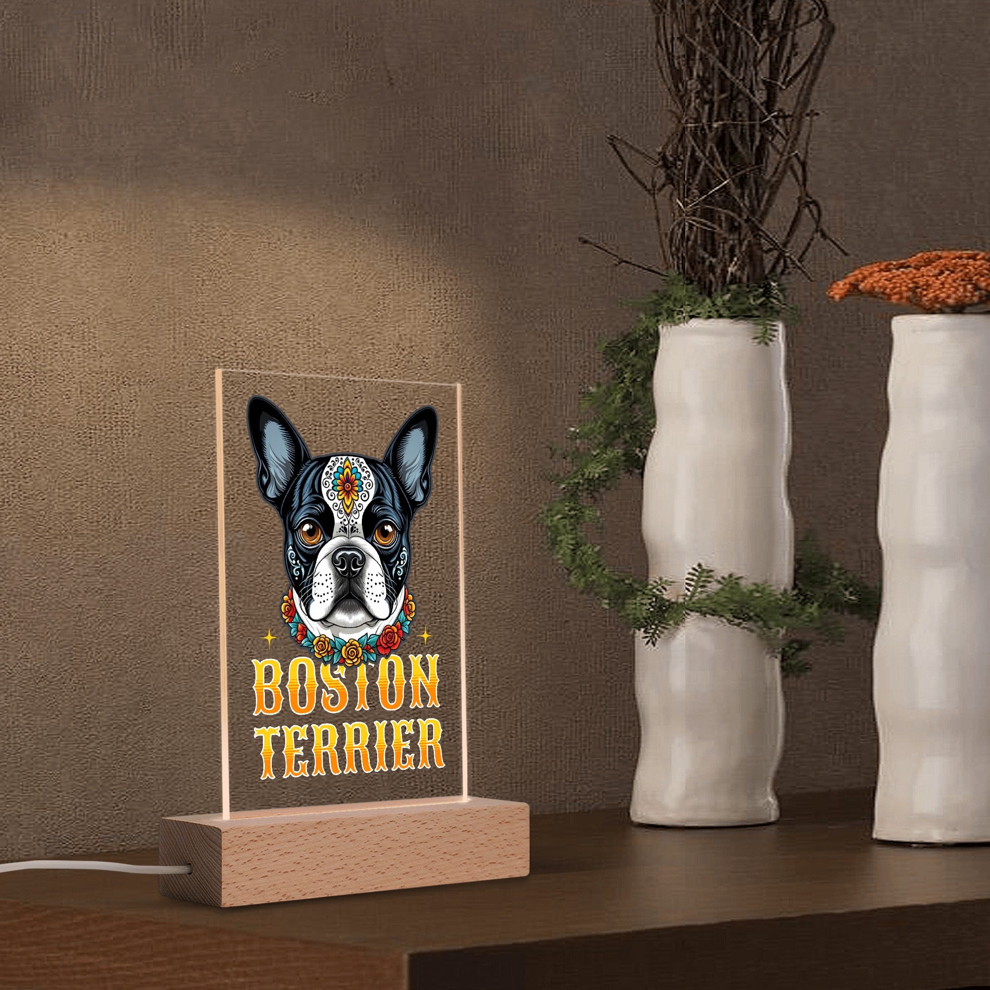 Boston Terrier Dog Sugar Skull LED Rectangle Acrylic Night Light and Wooden Base Table Decor
