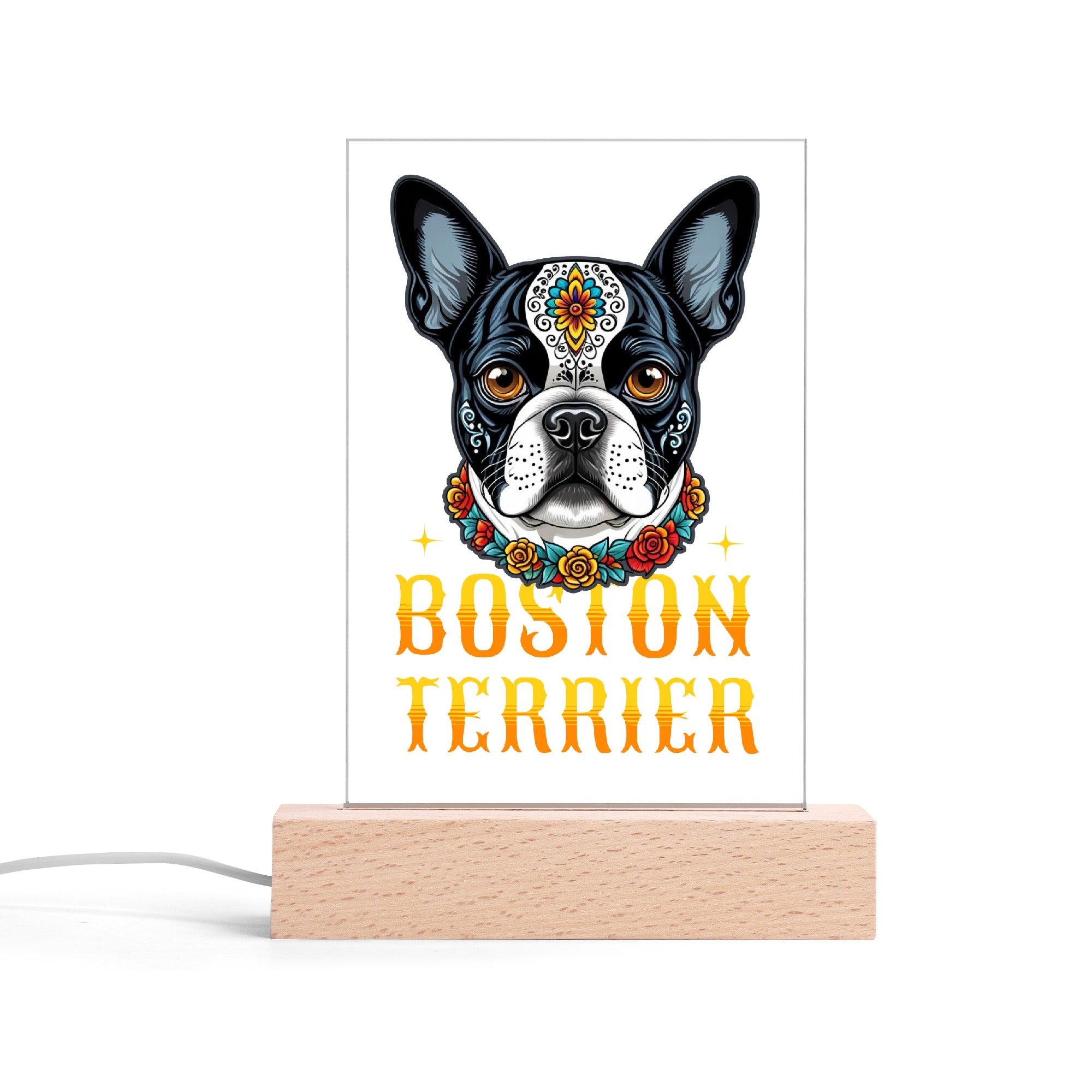 Boston Terrier Dog Sugar Skull LED Rectangle Acrylic Night Light and Wooden Base Table Decor