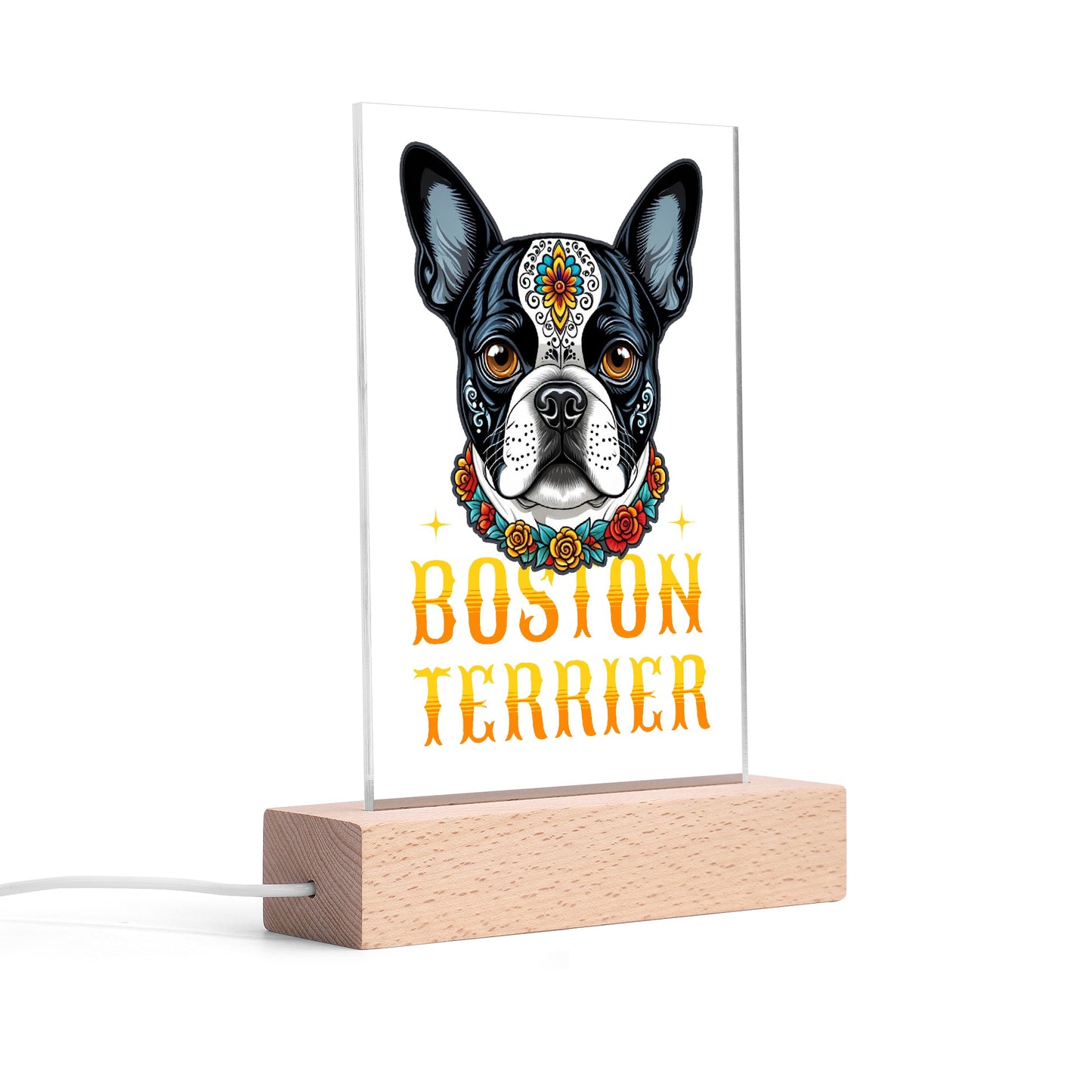 Boston Terrier Dog Sugar Skull LED Rectangle Acrylic Night Light and Wooden Base Table Decor
