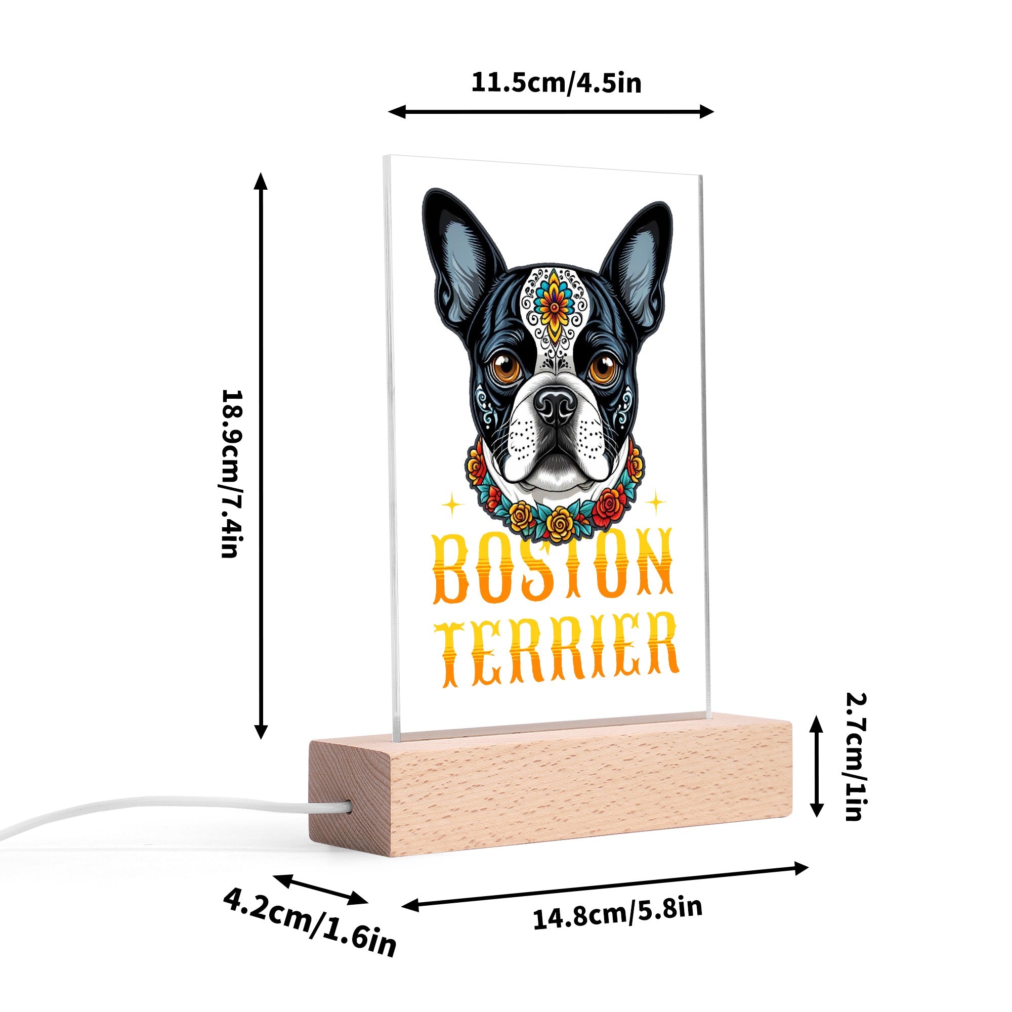 Boston Terrier Dog Sugar Skull LED Rectangle Acrylic Night Light and Wooden Base Table Decor