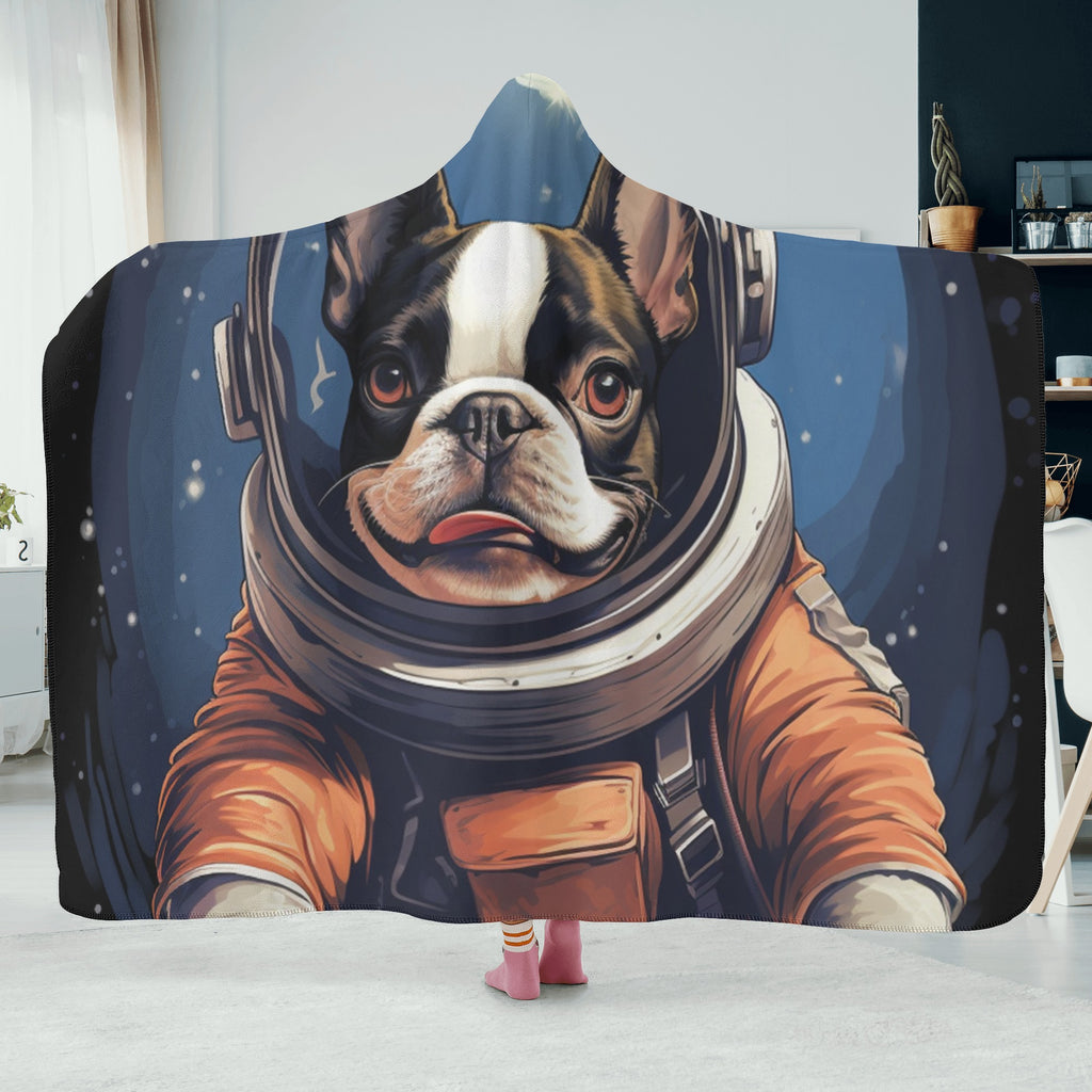 Astronaut Boston Terrier Dog Hooded Blanket for Adult and Kids