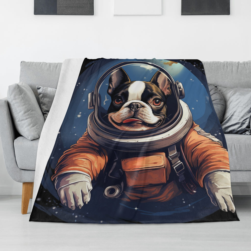 Astronaut Boston Terrier Dog Flannel Blanket