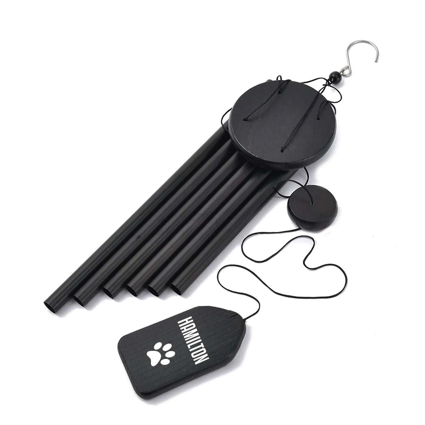 Personalized with Dog Name and Paw Print - Black Memorial Wind Chimes