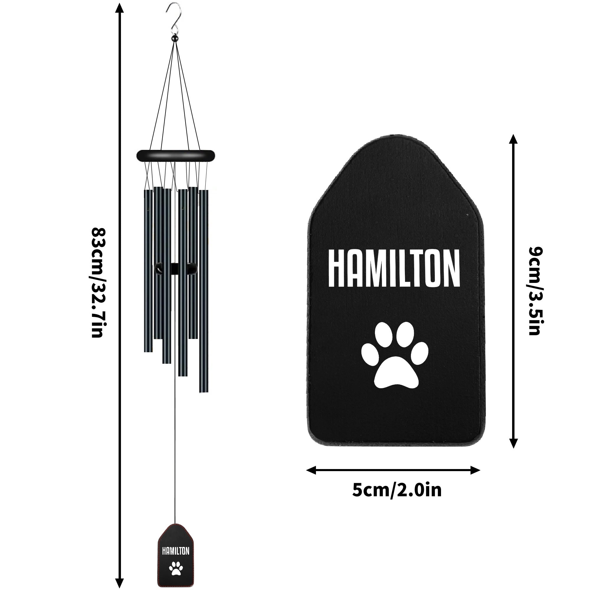 Personalized with Dog Name and Paw Print - Black Memorial Wind Chimes