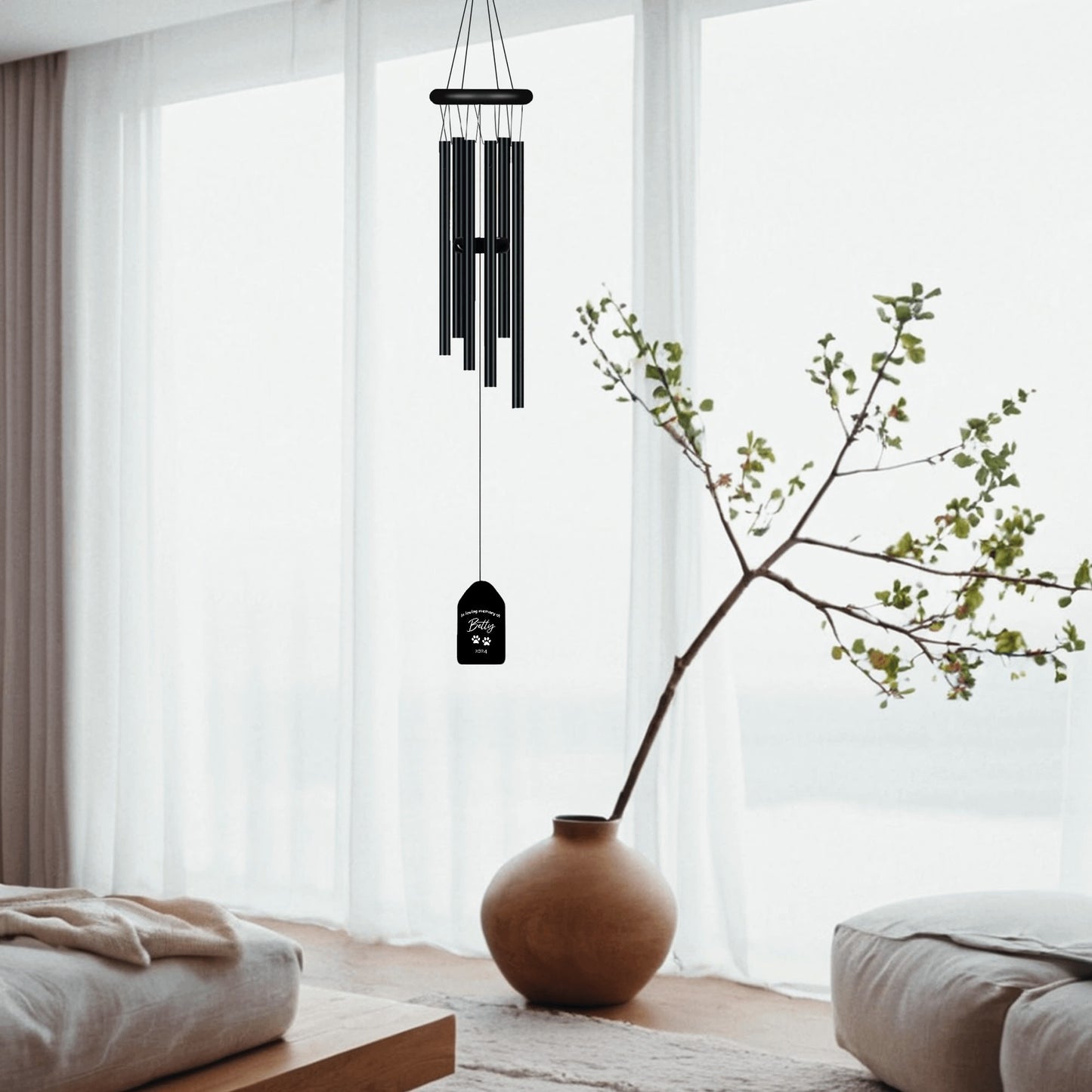 Personalized with Text, Dog Name and Paw Prints - Black Memorial Wind Chimes