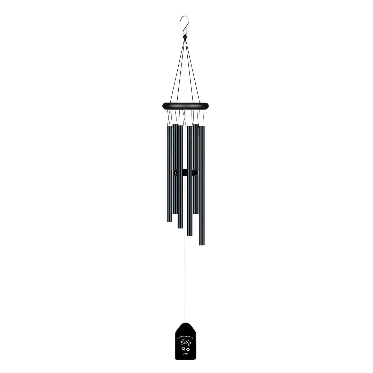 Personalized with Text, Dog Name and Paw Prints - Black Memorial Wind Chimes