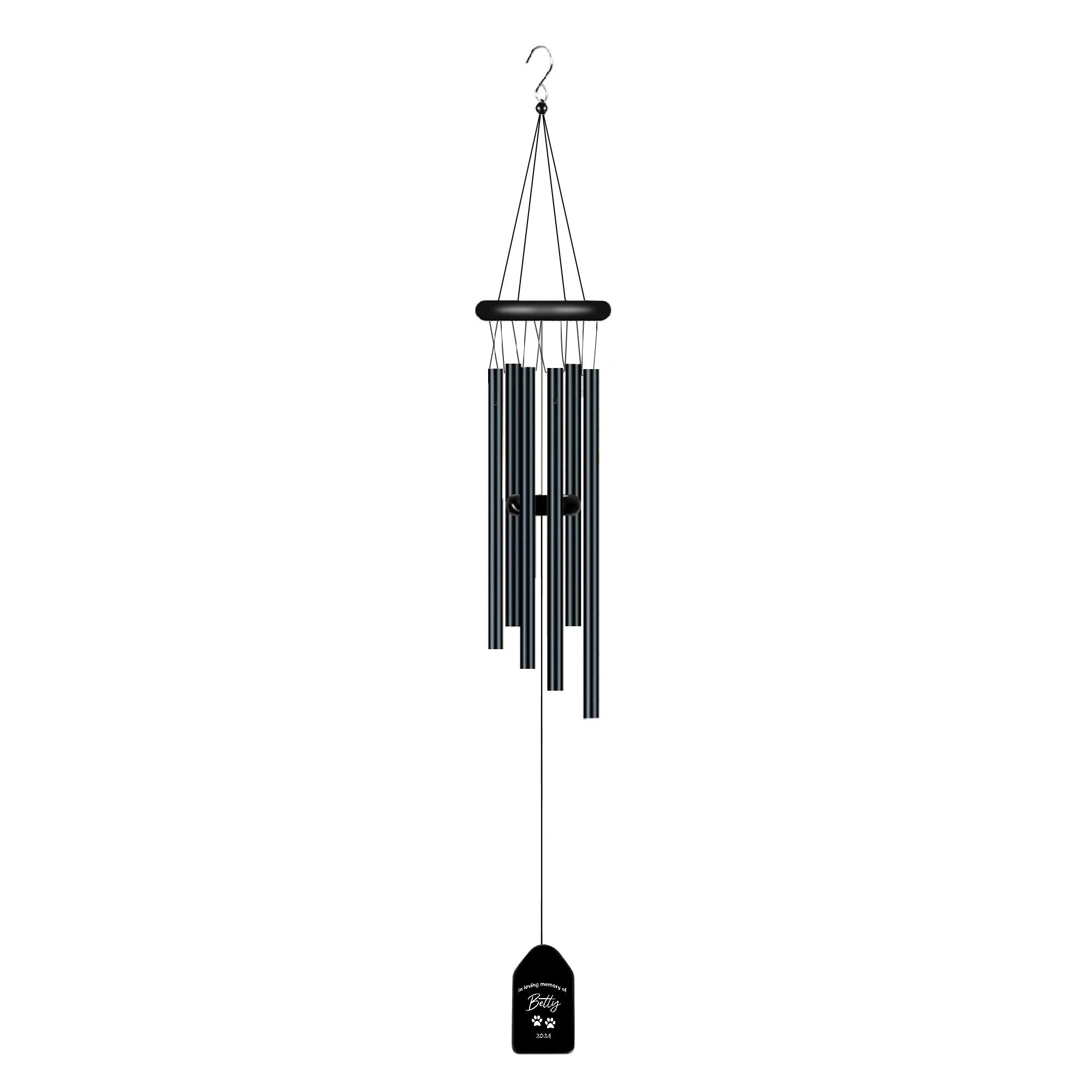 Personalized with Text, Dog Name and Paw Prints - Black Memorial Wind Chimes
