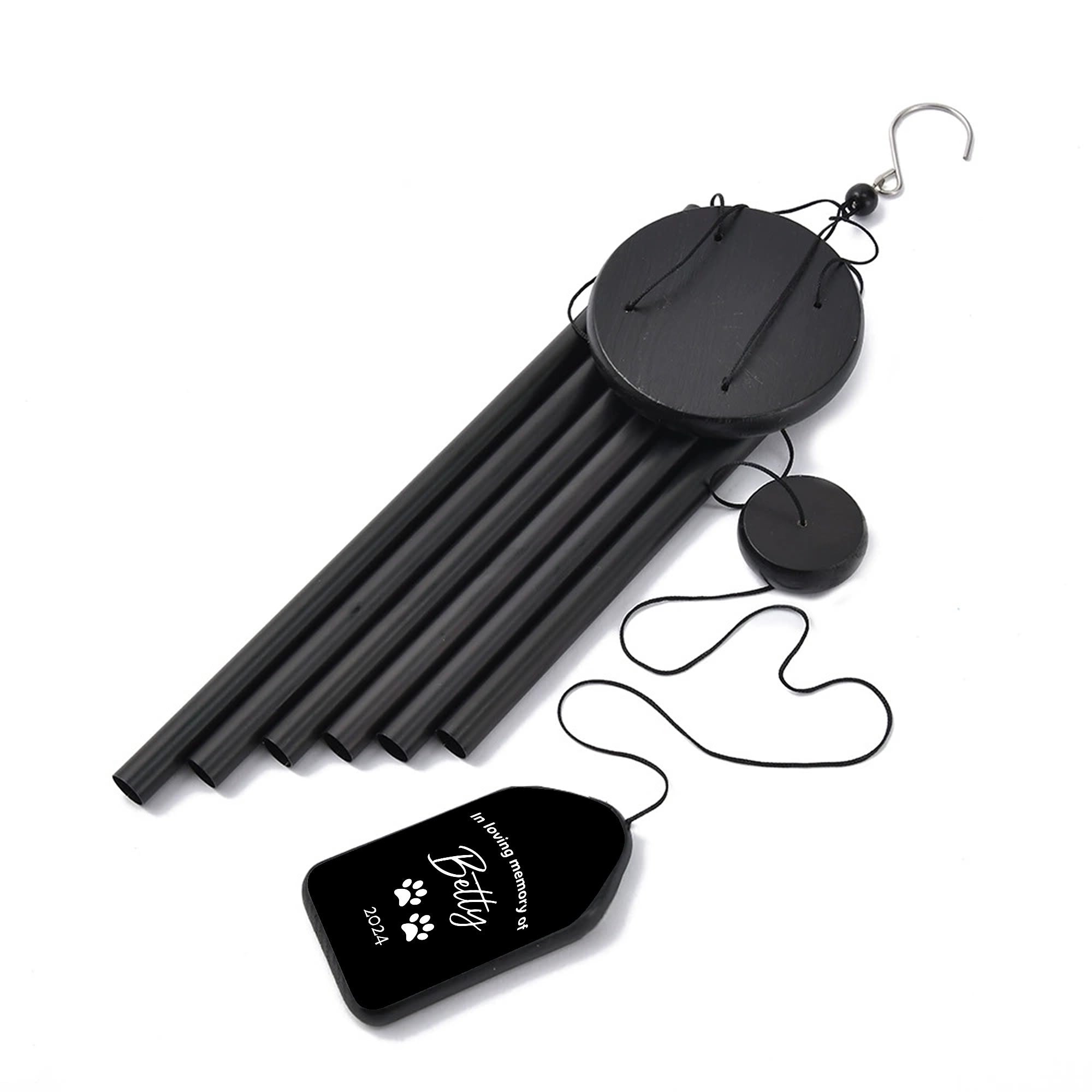 Personalized with Text, Dog Name and Paw Prints - Black Memorial Wind Chimes