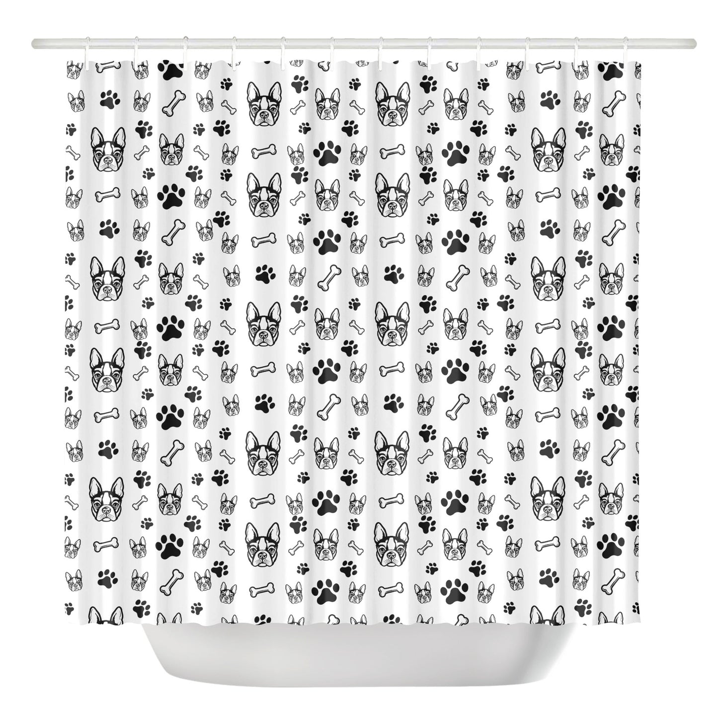 Boston Terrier Faces with Bones and Paws Shower Curtain