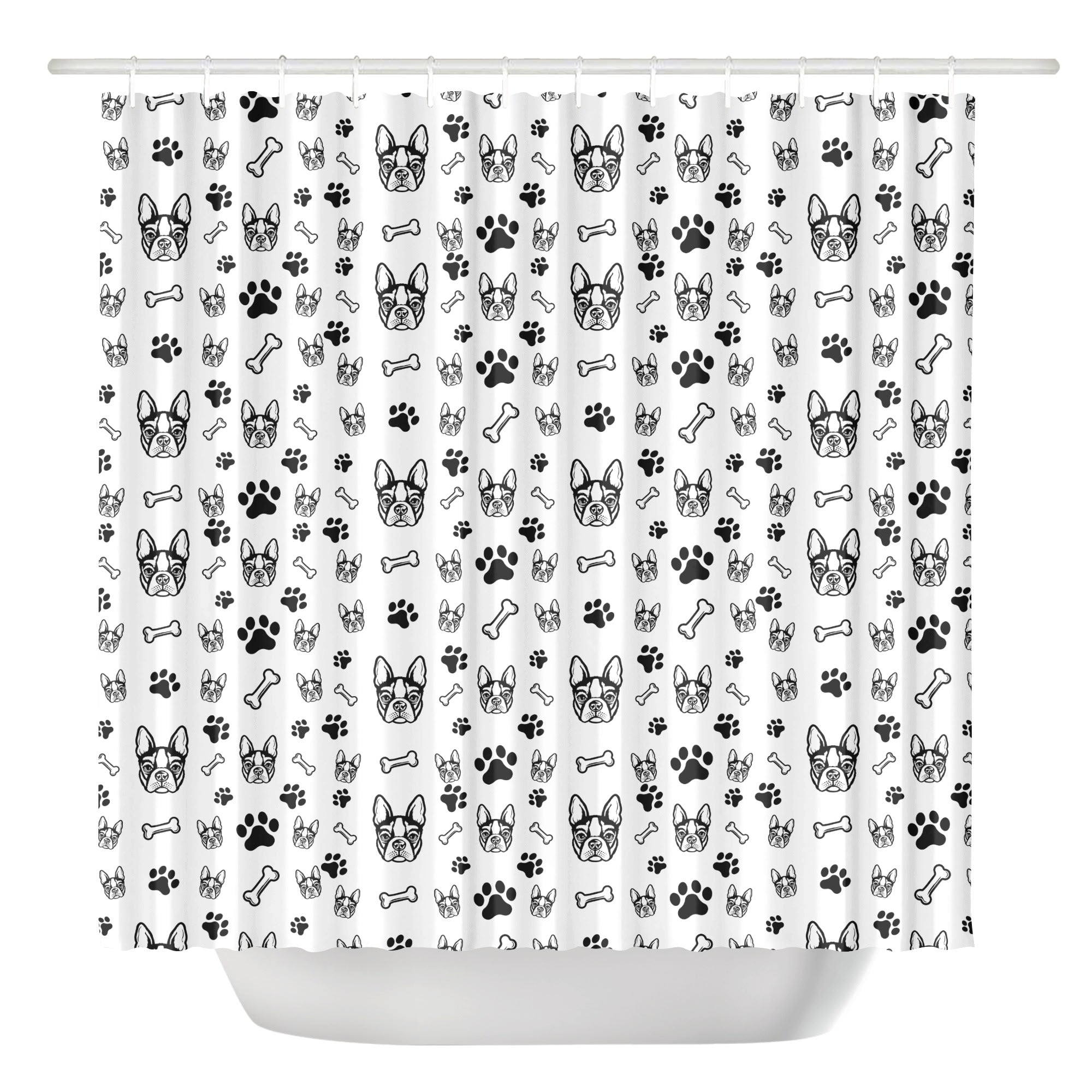 Boston Terrier Faces with Bones and Paws Shower Curtain