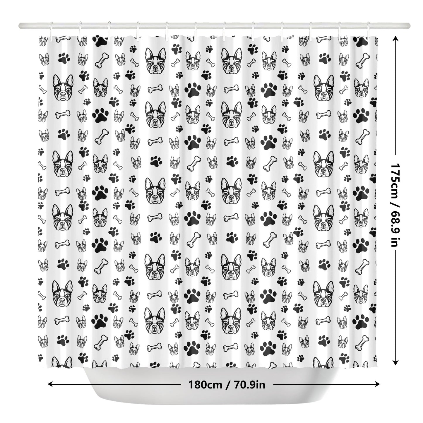 Boston Terrier Faces with Bones and Paws Shower Curtain