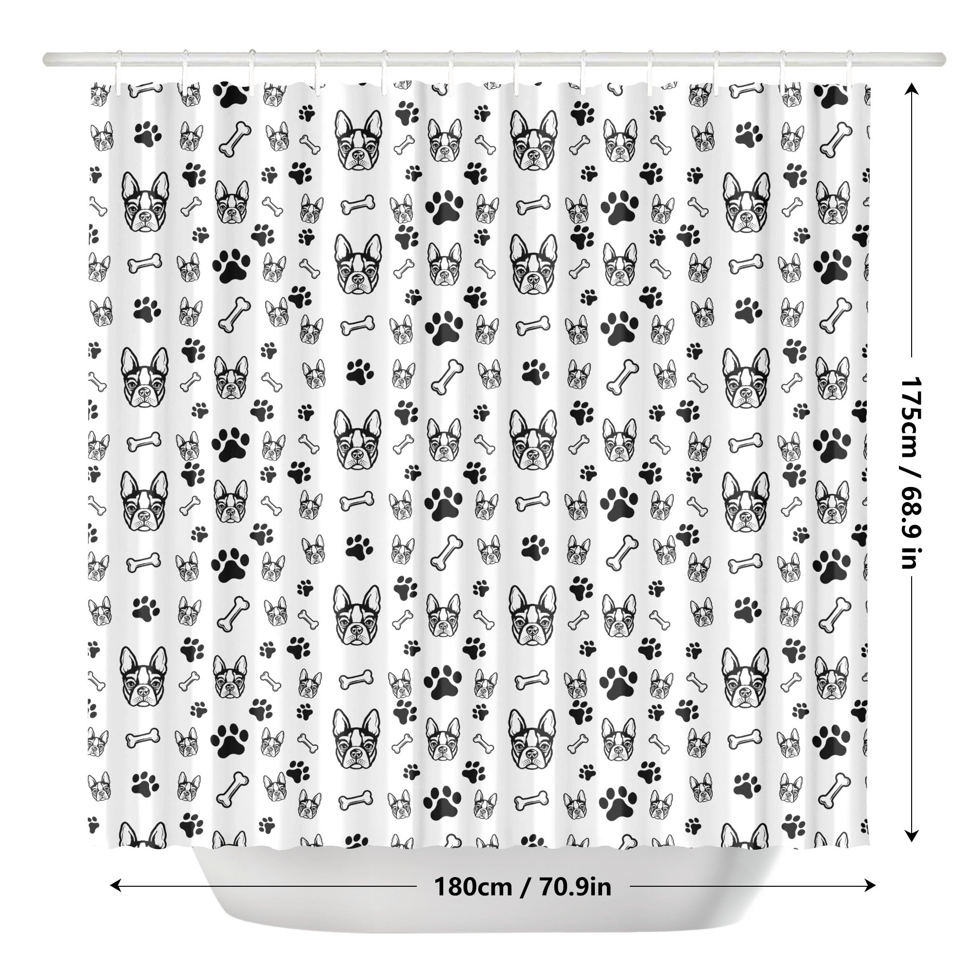 Boston Terrier Faces with Bones and Paws Shower Curtain