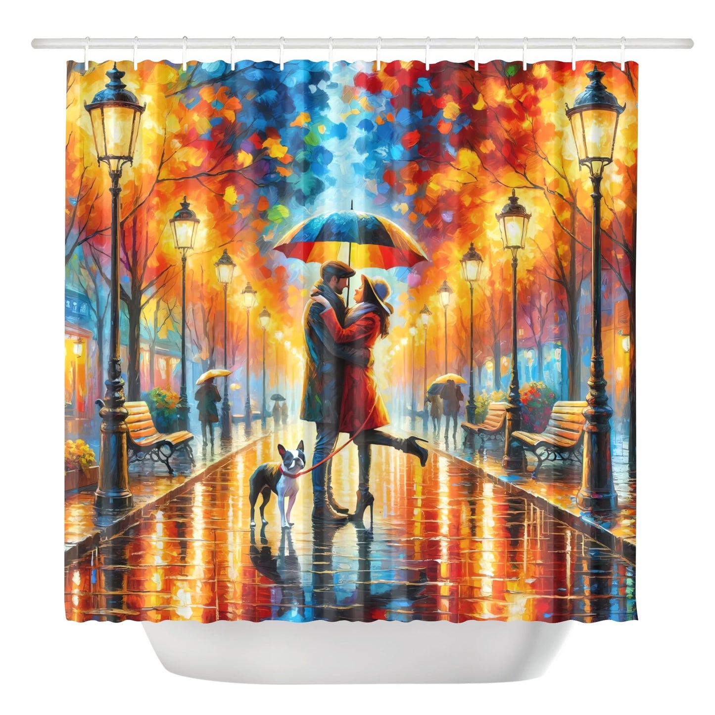 Rainy Embrace Couple with Boston Terrier Dog Shower Curtain