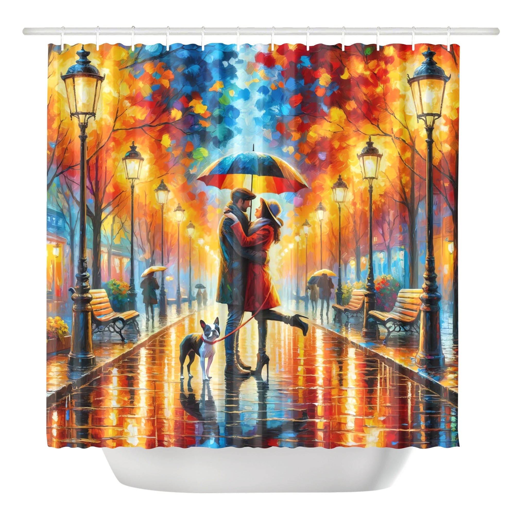 Rainy Embrace Couple with Boston Terrier Dog Shower Curtain