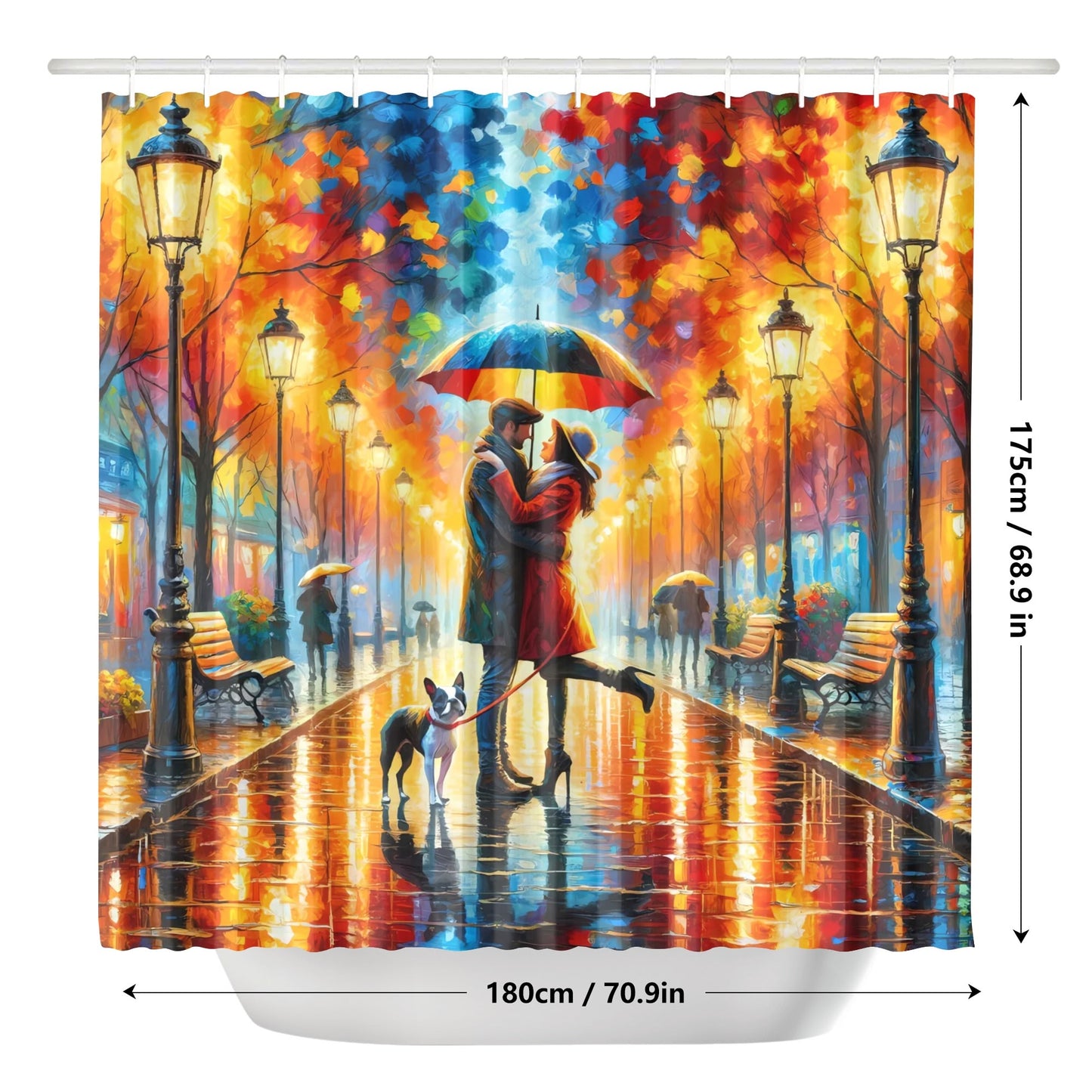 Rainy Embrace Couple with Boston Terrier Dog Shower Curtain