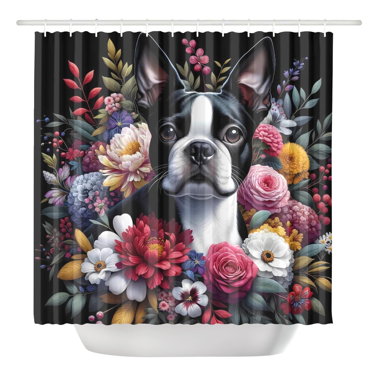Floral Boston Terrier Dog Shower Curtain