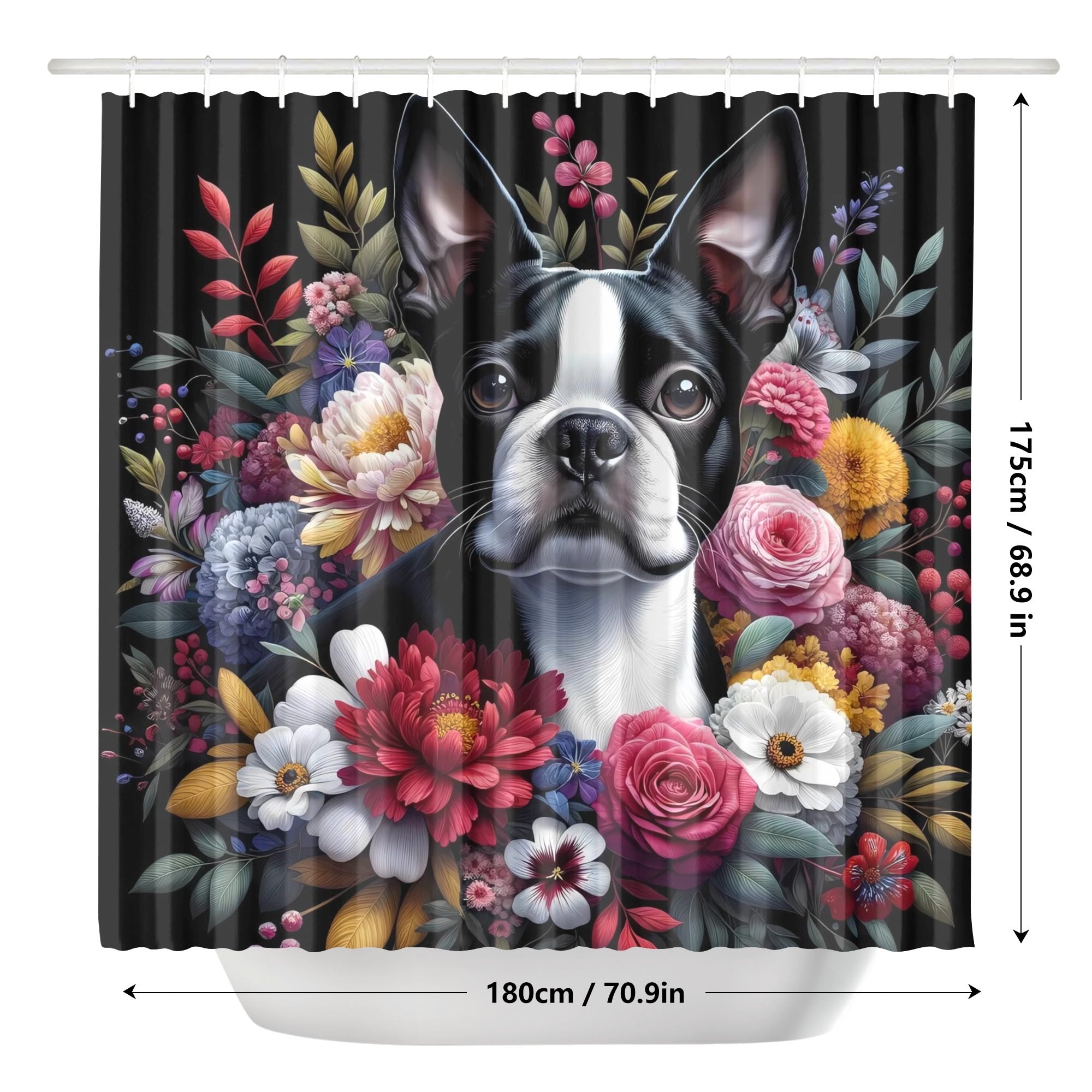 Floral Boston Terrier Dog Shower Curtain