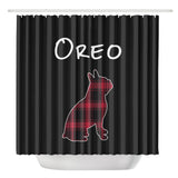 Personalized Boston Terrier Shower Curtain - Red Plaid Dog Silhouette with Name