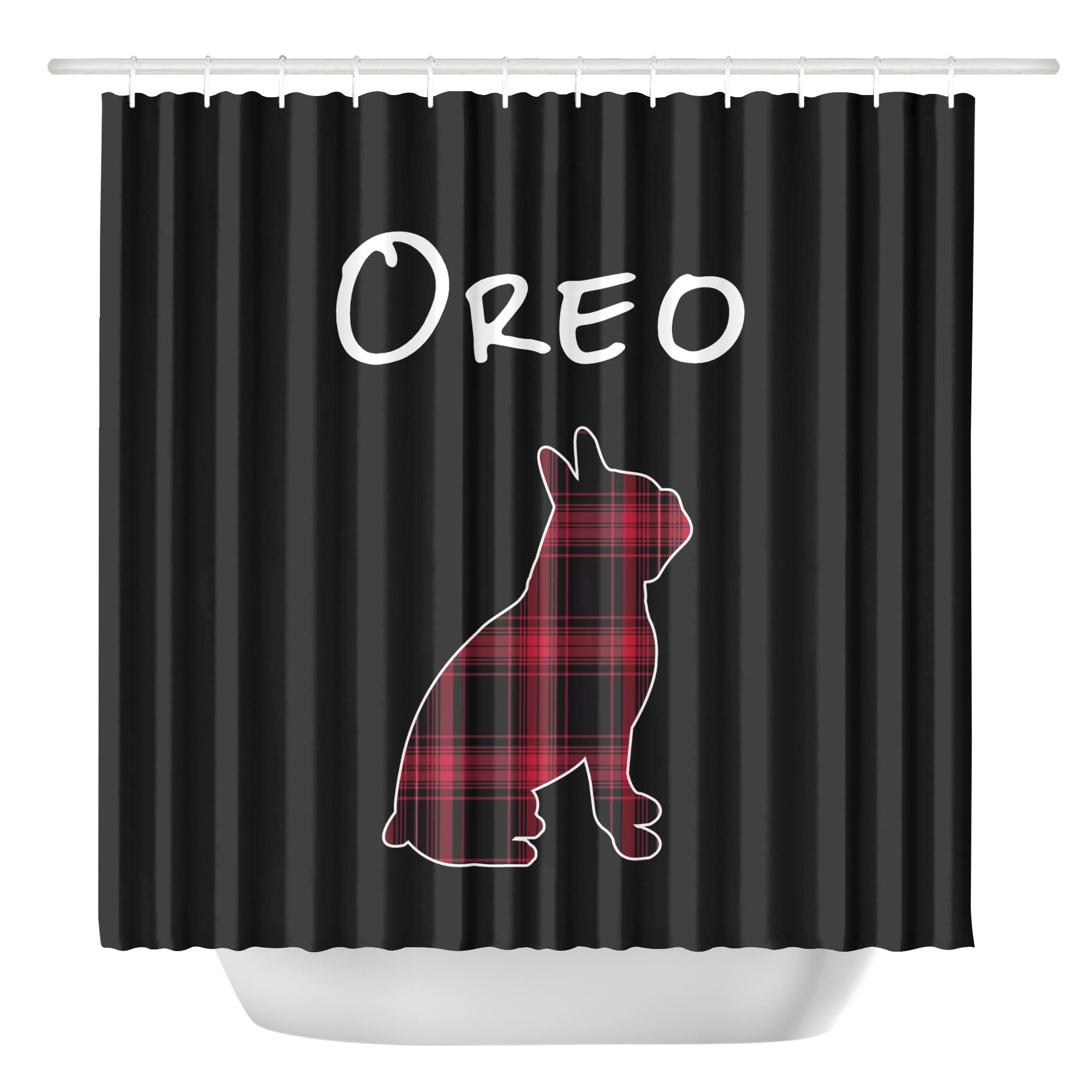 Personalized Boston Terrier Shower Curtain - Red Plaid Dog Silhouette with Name