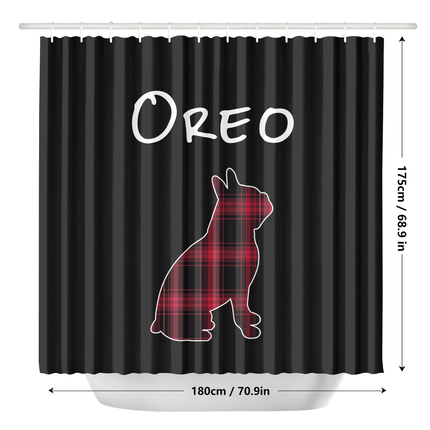 Personalized Boston Terrier Shower Curtain - Red Plaid Dog Silhouette with Name