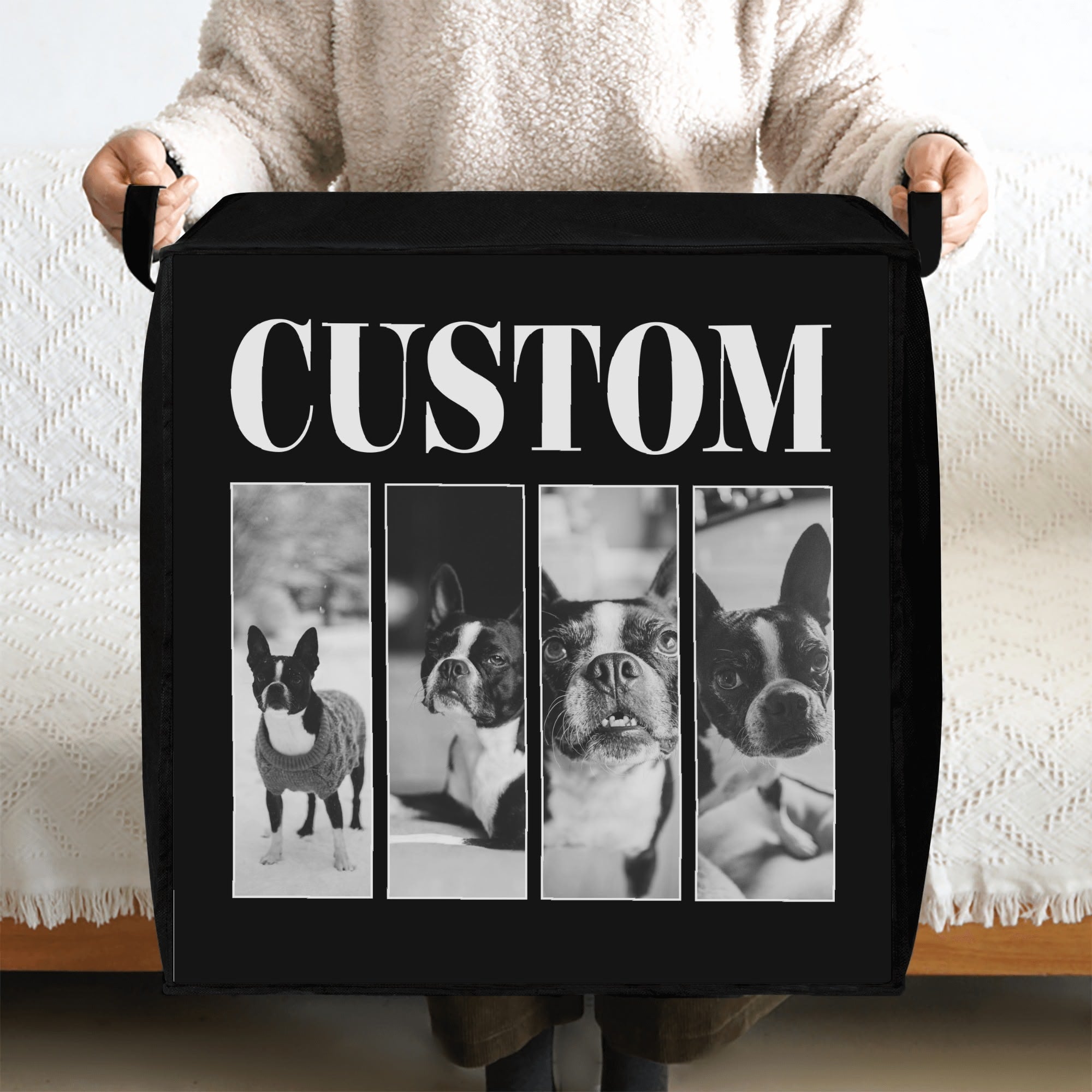 Custom Vintage Dog Photos Storage Box Bag .
