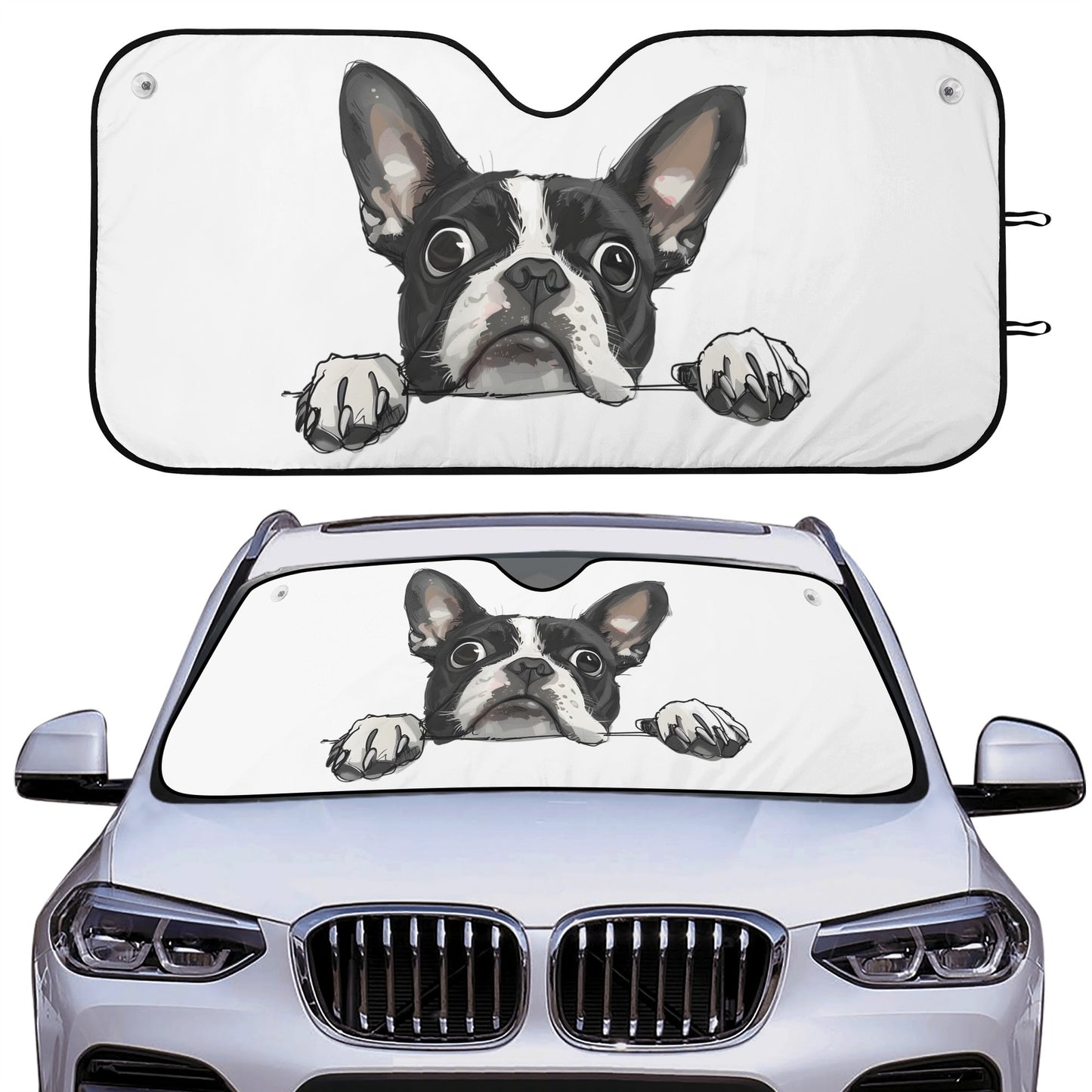 Peekaboo Boston Terrier Dog Car Sunshade - White