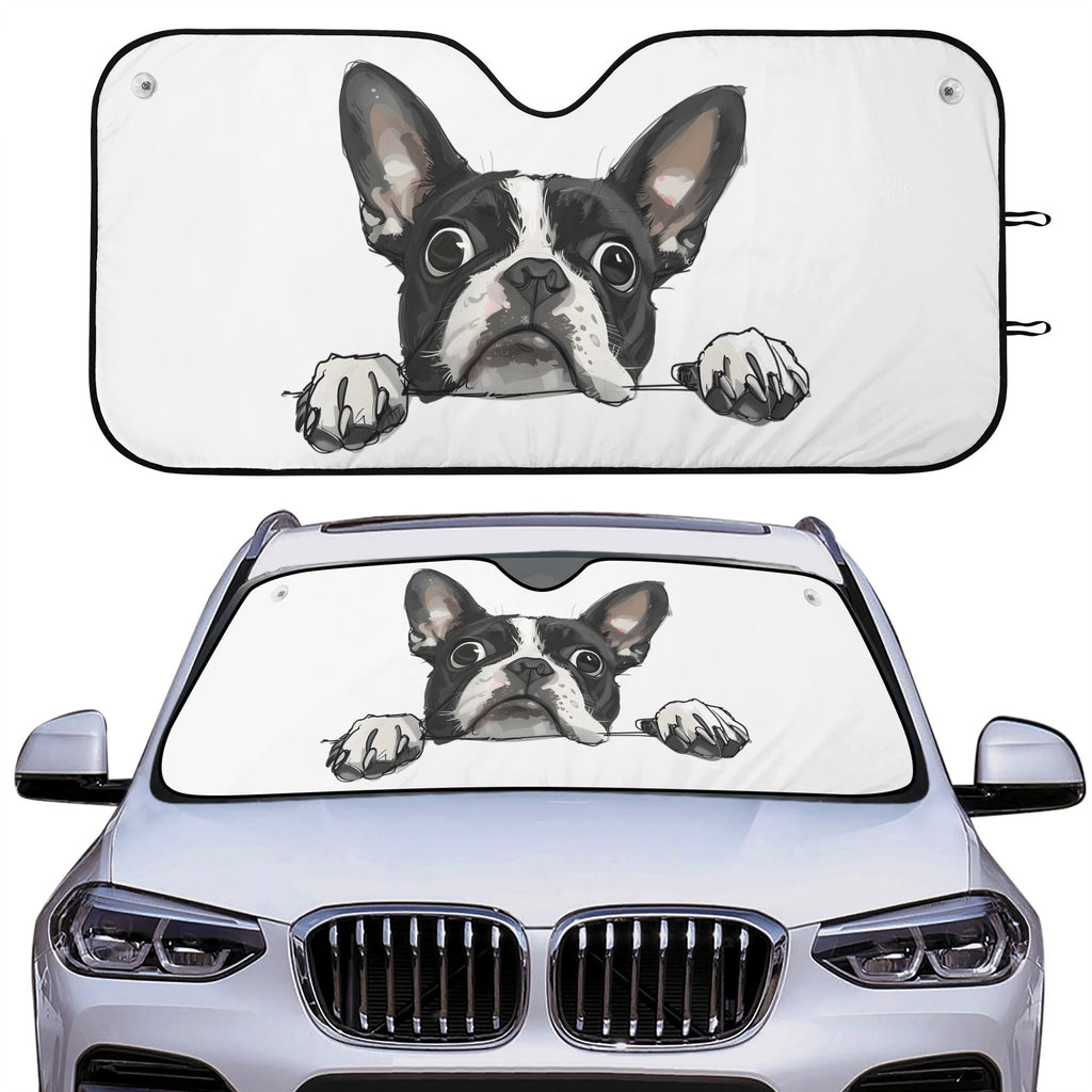 Peekaboo Boston Terrier Dog Car Sunshade - White