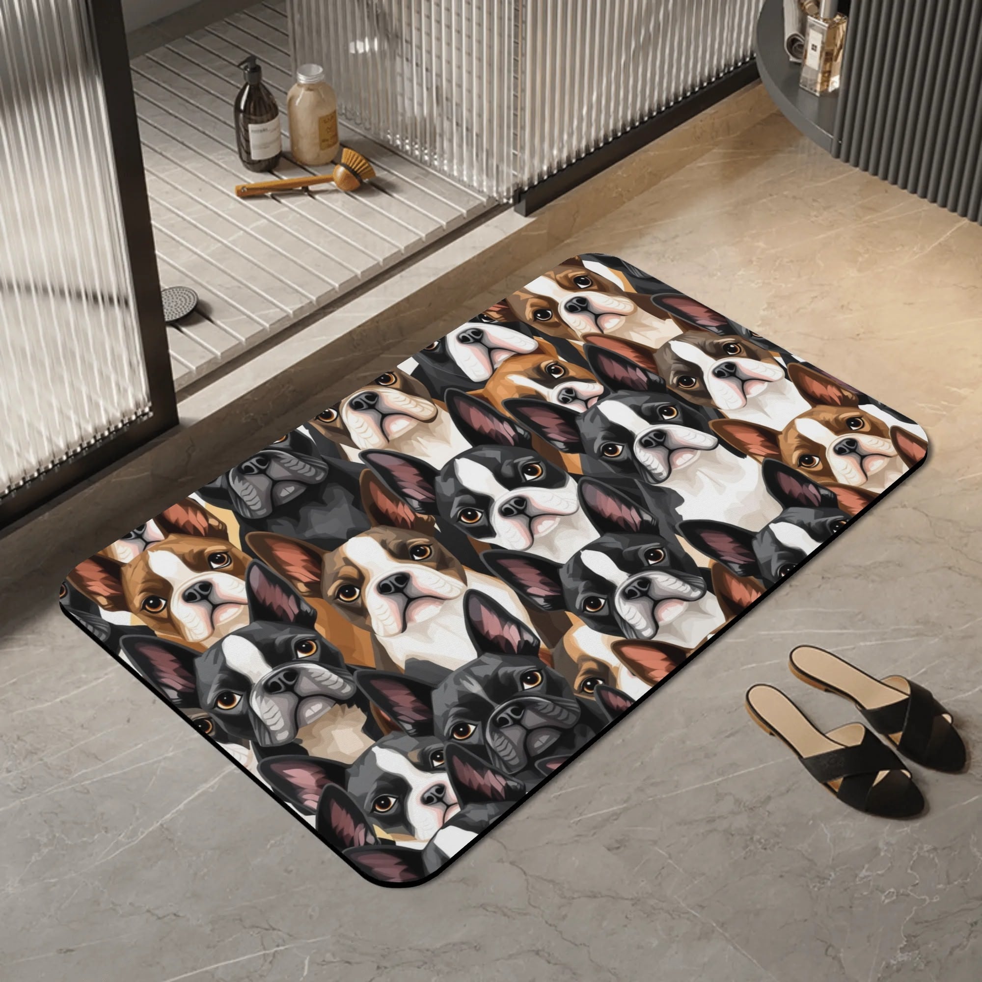Boston Terrier Dogs Crowd Diatomaceous Bath Mat Fast Drying Foot Pad