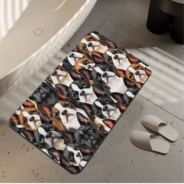 Boston Terrier Dogs Crowd Diatomaceous Bath Mat Fast Drying Foot Pad