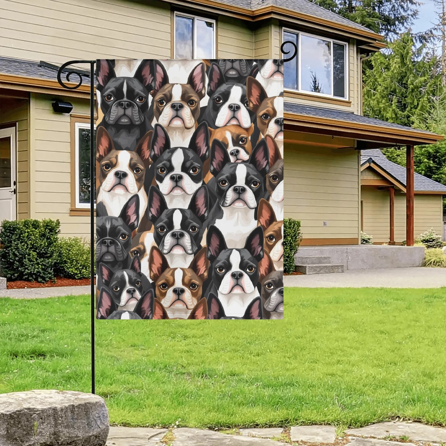 Boston Terrier Dogs Crowd Garden Flag Banner 12.5 x18 In