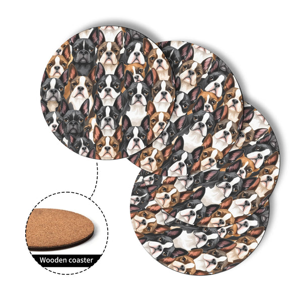 Boston Terrier Dogs Crowd Wood Coaster (4 Pcs)