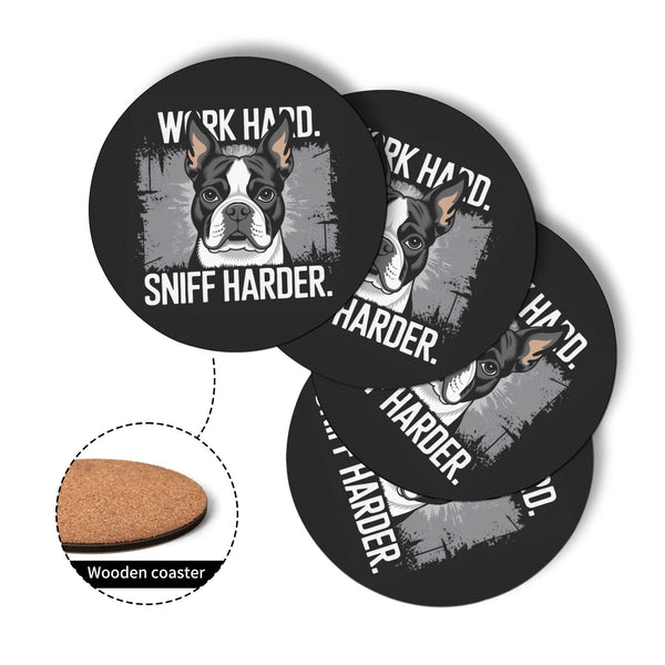 Work Hard Sniff Harder Round Wood Coaster (4 Pcs)