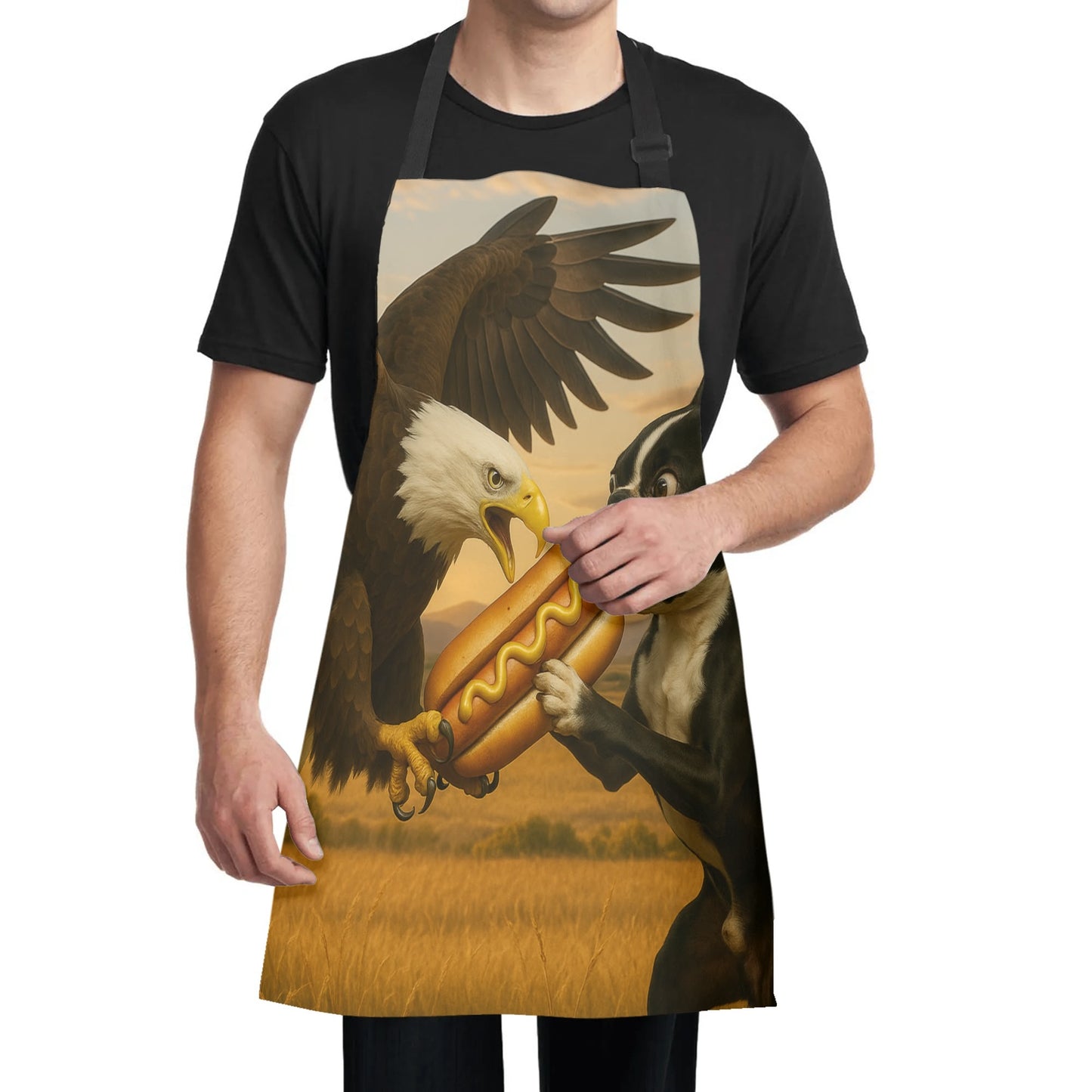 Eagle vs Boston Terrier Fighting for a Hot Dog Apron