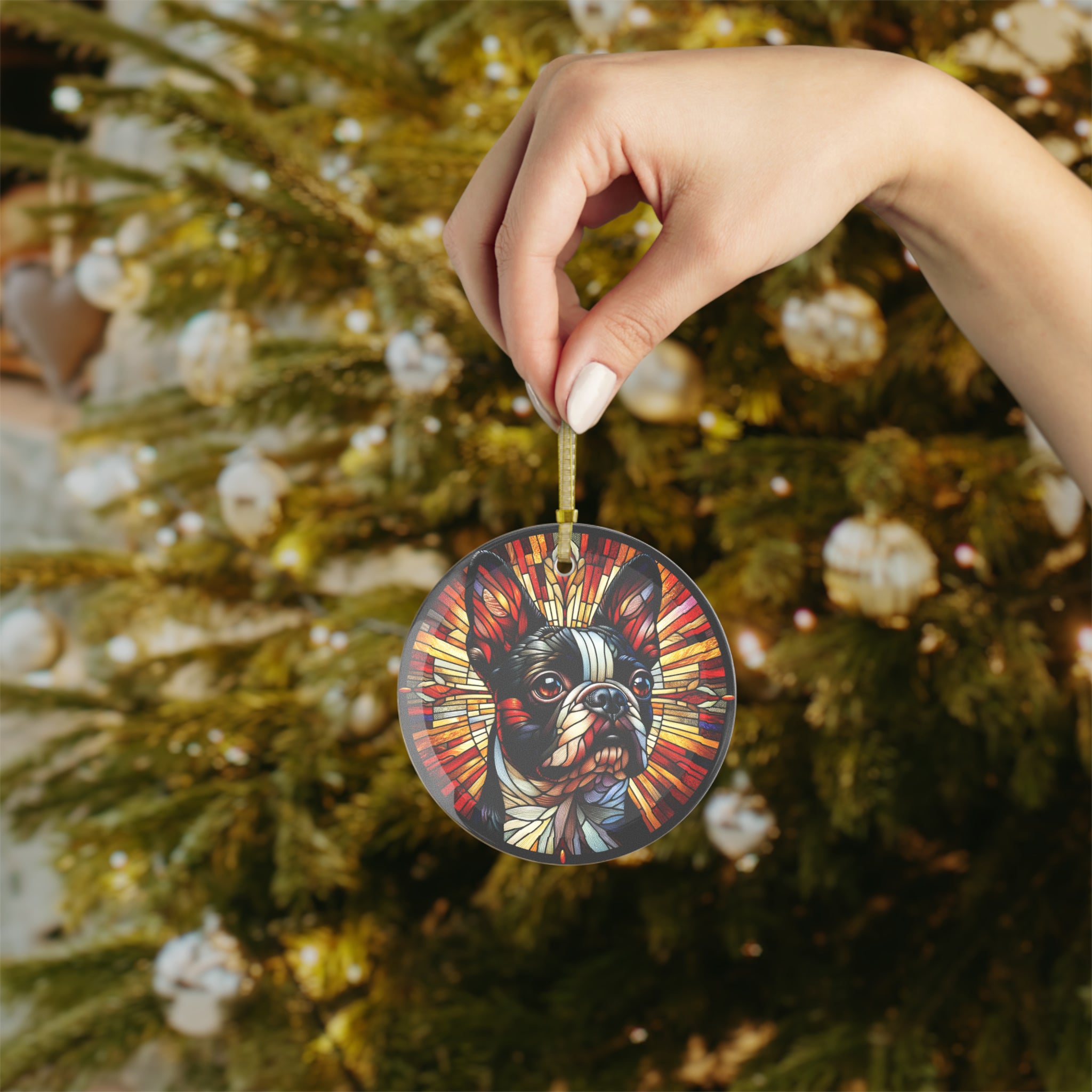 Colorful Geometric Boston Terrier Stained Glass Ornaments - Red and Warm