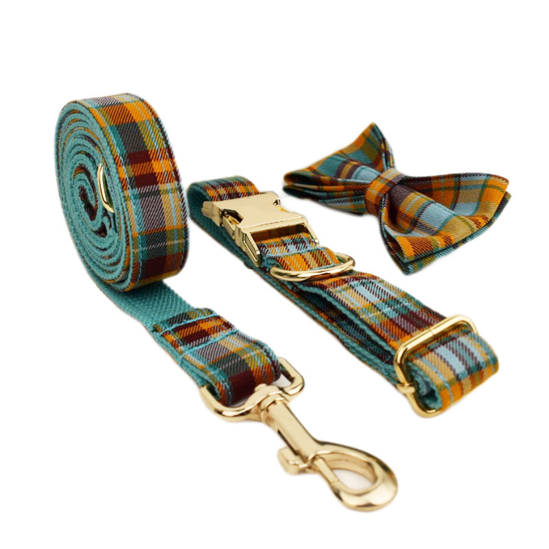 Yellow Blue Red Plaid Dog Collar With Bow Tie And Leash