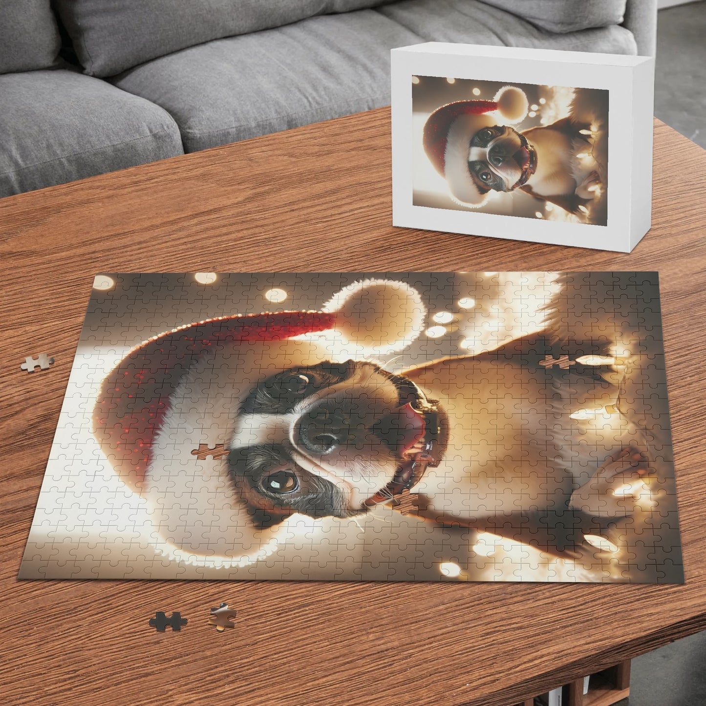 Festive Boston Terrier Wearing A Santa Hat Jigsaw Puzzle (500 Pcs) .