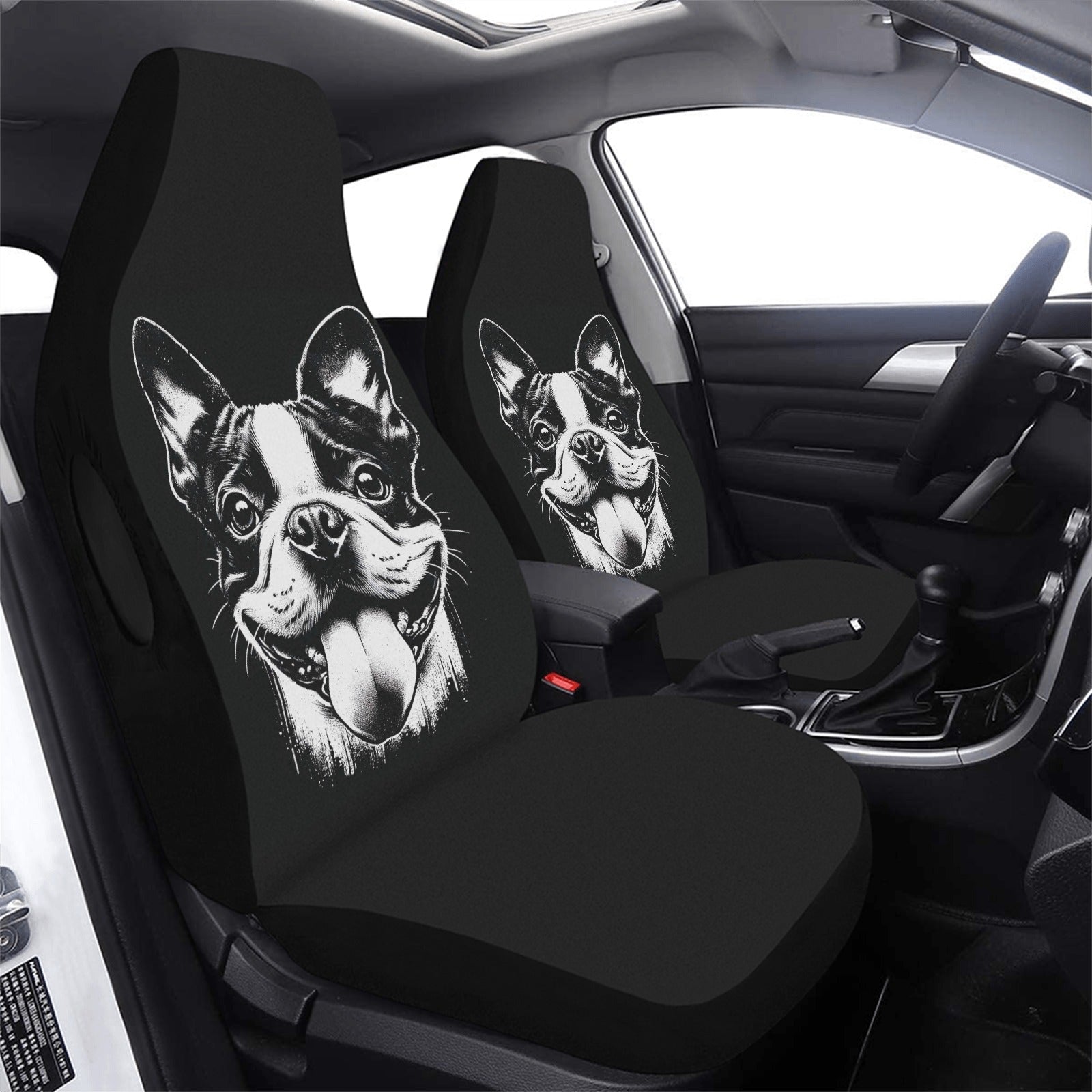 Grungy Boston Terrier Tongue Out Car Seat Cover Airbag Compatible (Set of 2)