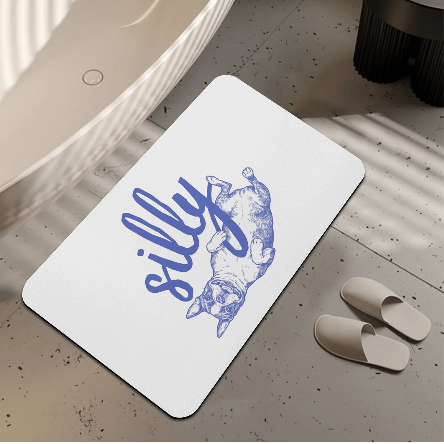 Silly Boston Terrier Dog Upside Down Bath Mat .