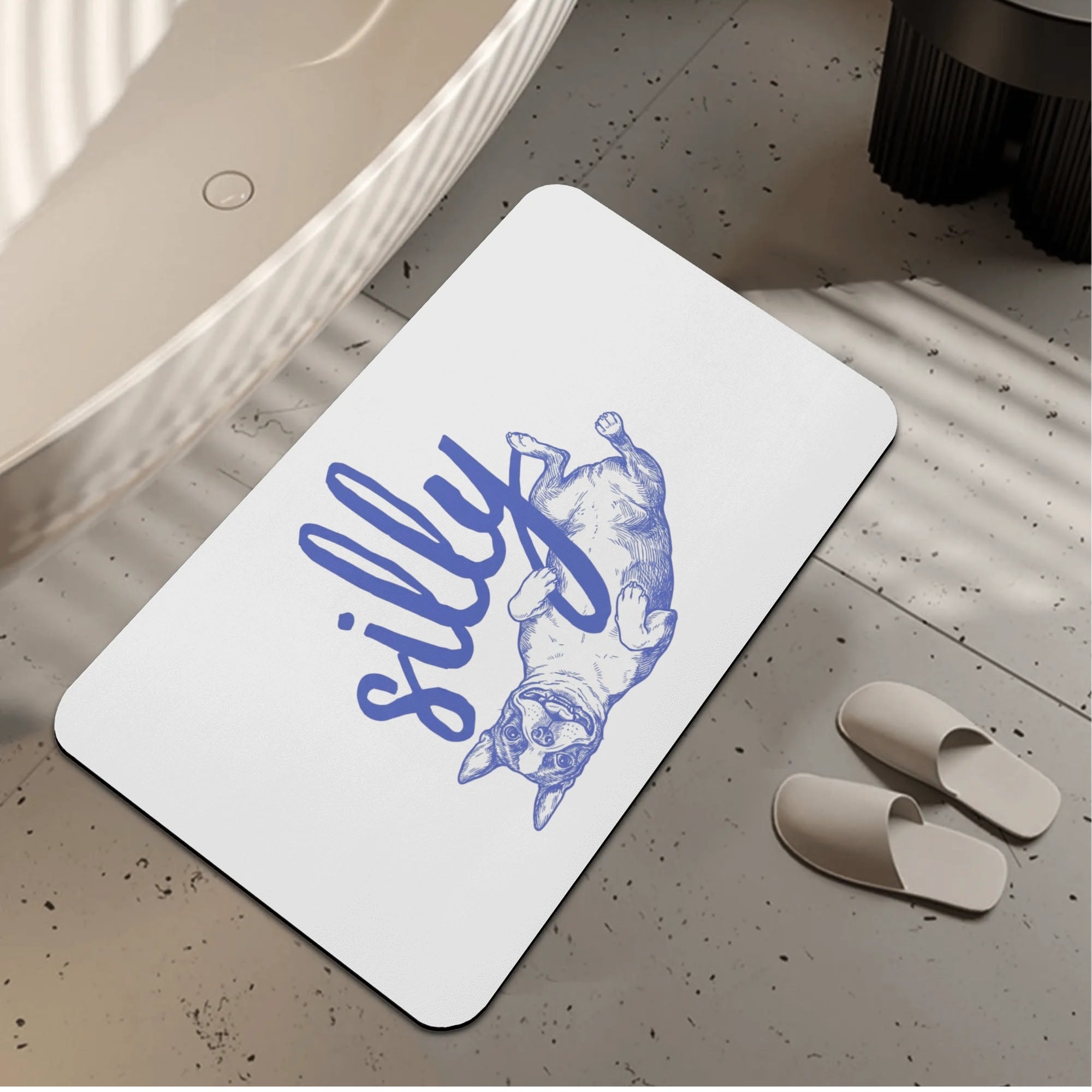 Silly Boston Terrier Dog Upside Down Bath Mat .