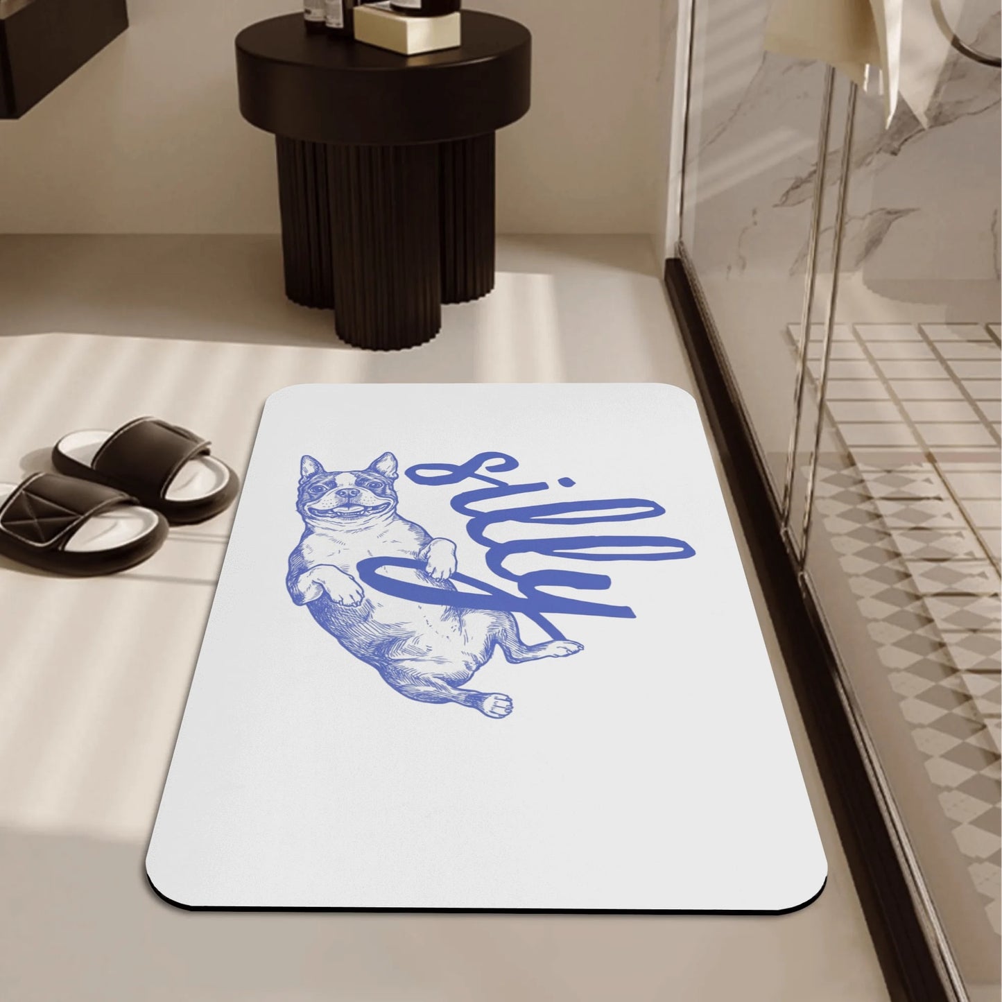 Silly Boston Terrier Dog Upside Down Bath Mat .