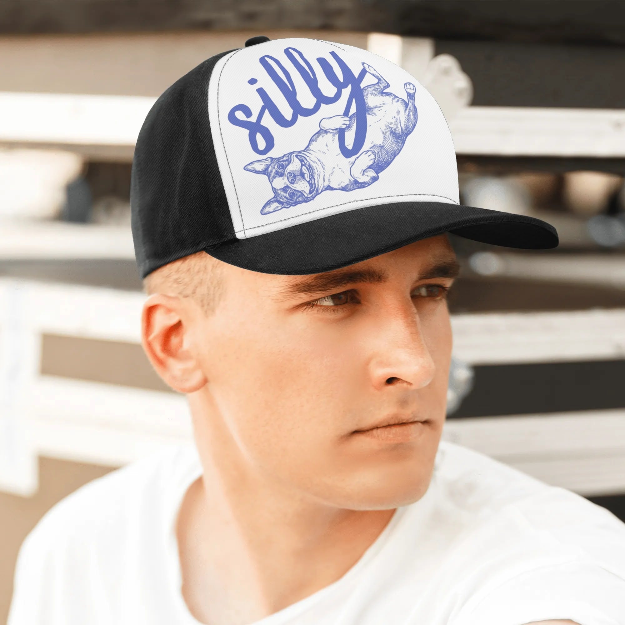 Silly Boston Terrier Dog Upside Down Baseball Cap .