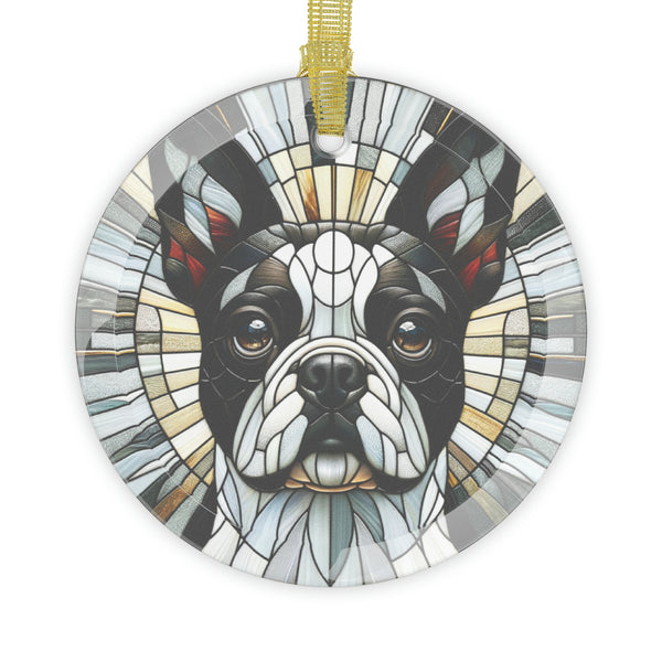 Colorful Geometric Boston Terrier Stained Glass Ornaments - Green and White