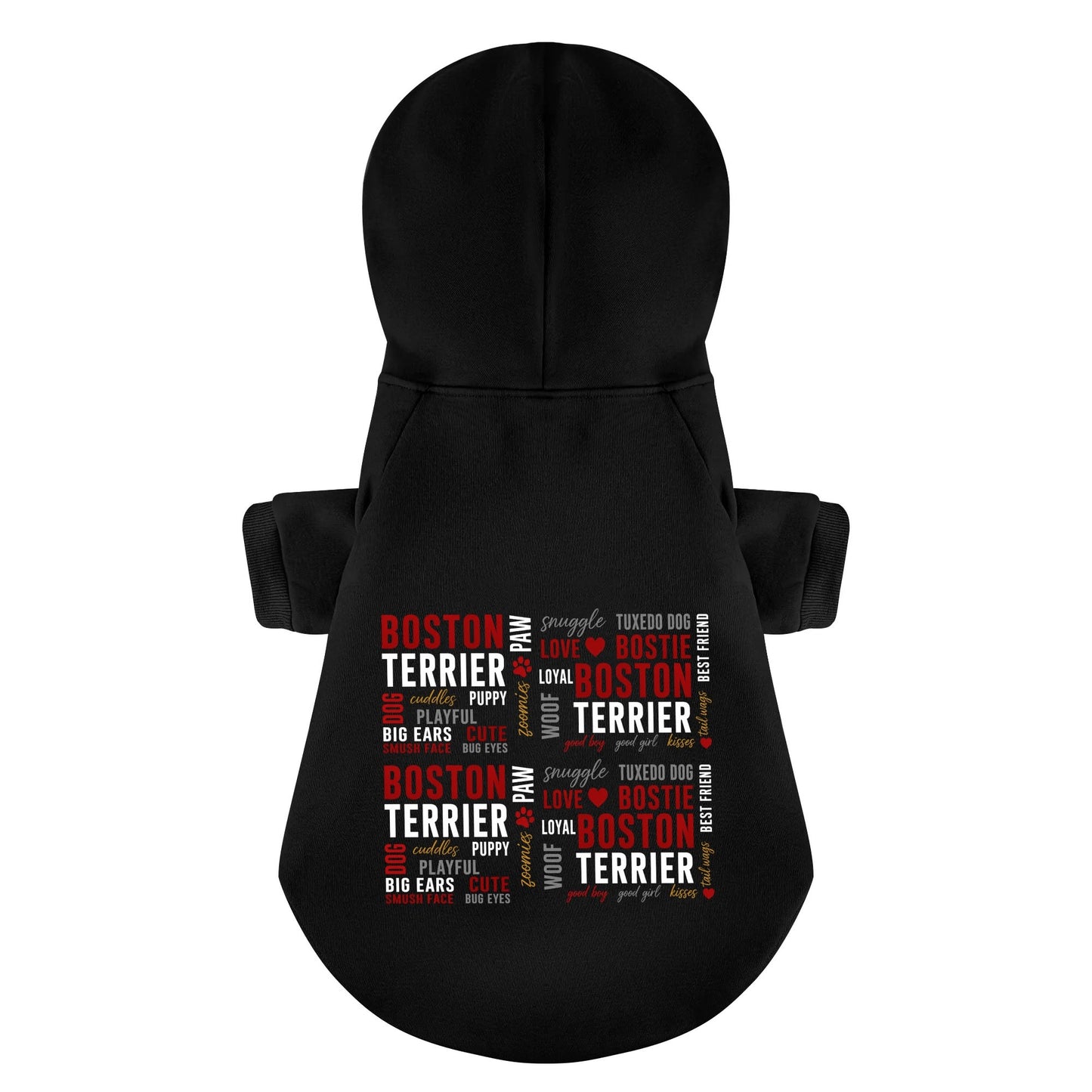 Boston Terrier Word Collage 100% Cotton Dog Fleece Hoodie – Dog Lover Typography Art .