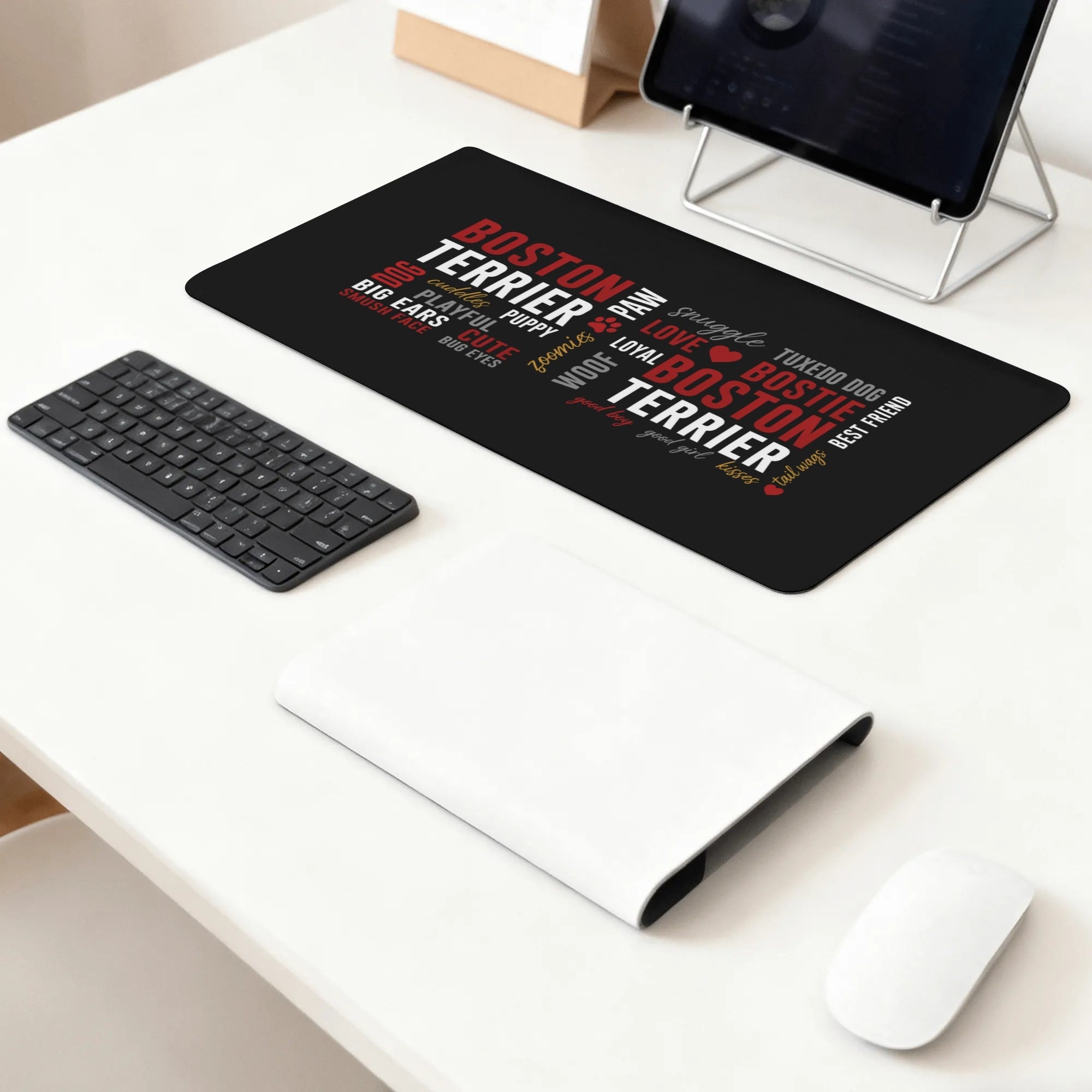 Boston Terrier Word Collage Smooth Desk Pad Gaming Mouse Pad – Dog Lover Typography Art .