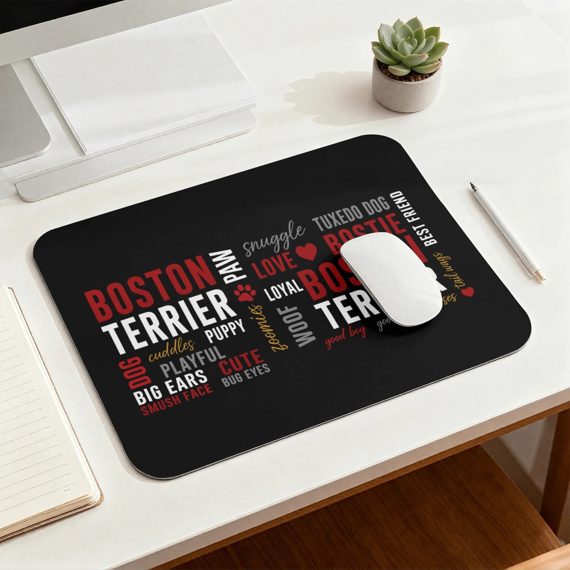 Boston Terrier Word Collage Smooth Desk Pad Gaming Mouse Pad – Dog Lover Typography Art .