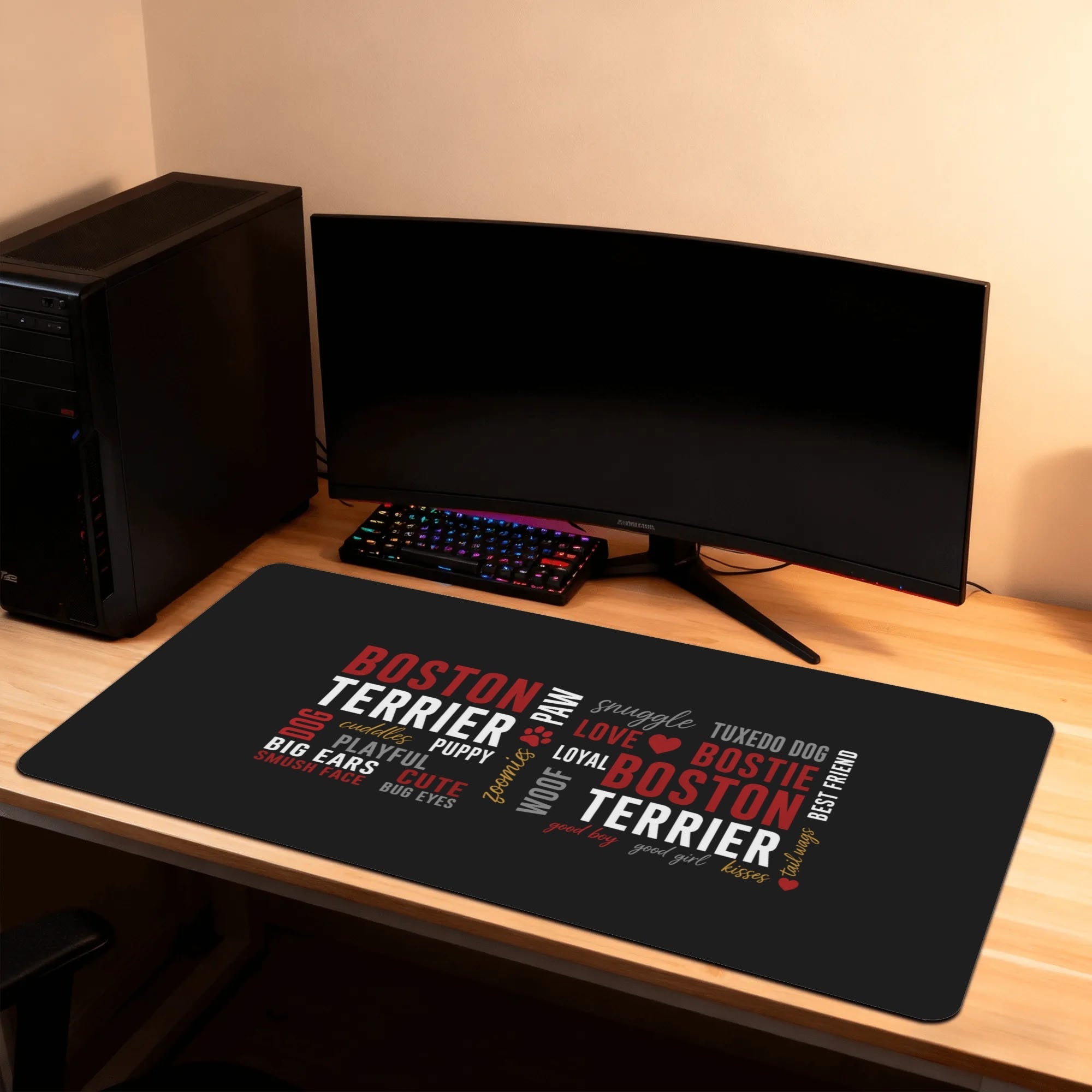 Boston Terrier Word Collage Smooth Desk Pad Gaming Mouse Pad – Dog Lover Typography Art .