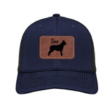 Custom Dog Name With Boston Terrier Silhouette Brown Rectangle Leather Patch Hat Trucker Cap .