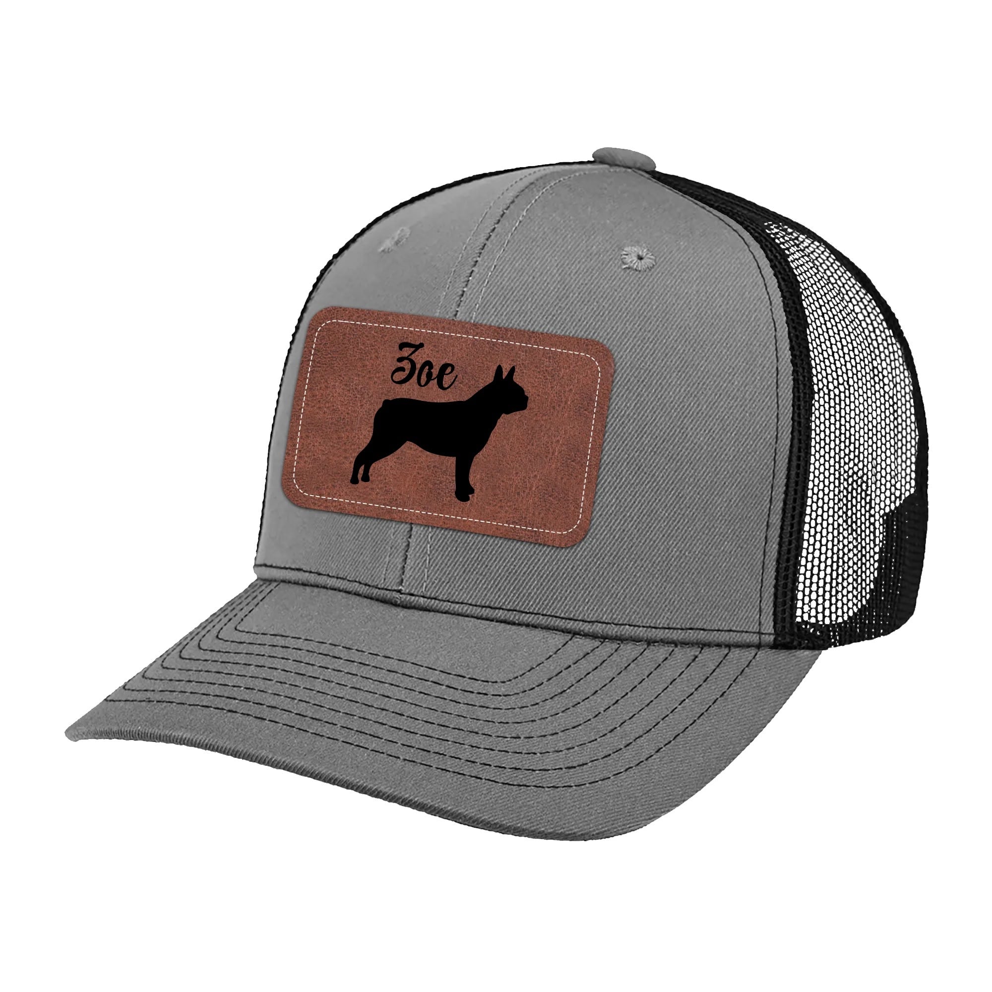 Custom Dog Name With Boston Terrier Silhouette Brown Rectangle Leather Patch Hat Trucker Cap . Gray