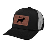 Custom Dog Name With Boston Terrier Silhouette Brown Rectangle Leather Patch Hat Trucker Cap . Black