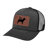 Custom Dog Name With Boston Terrier Silhouette Brown Rectangle Leather Patch Hat Trucker Cap . Dark Gray